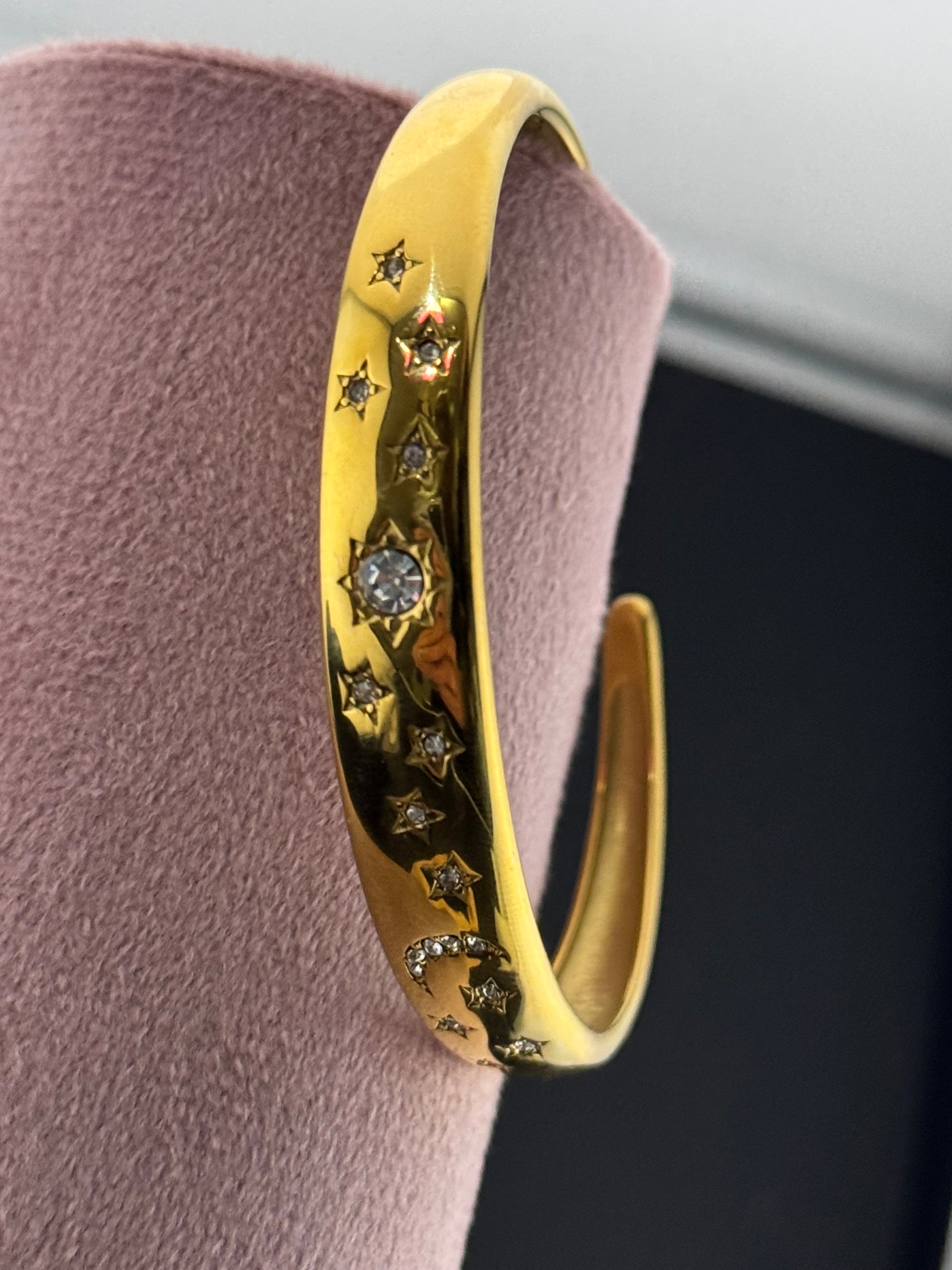 Sun Moon & Stars gold plated open bangle