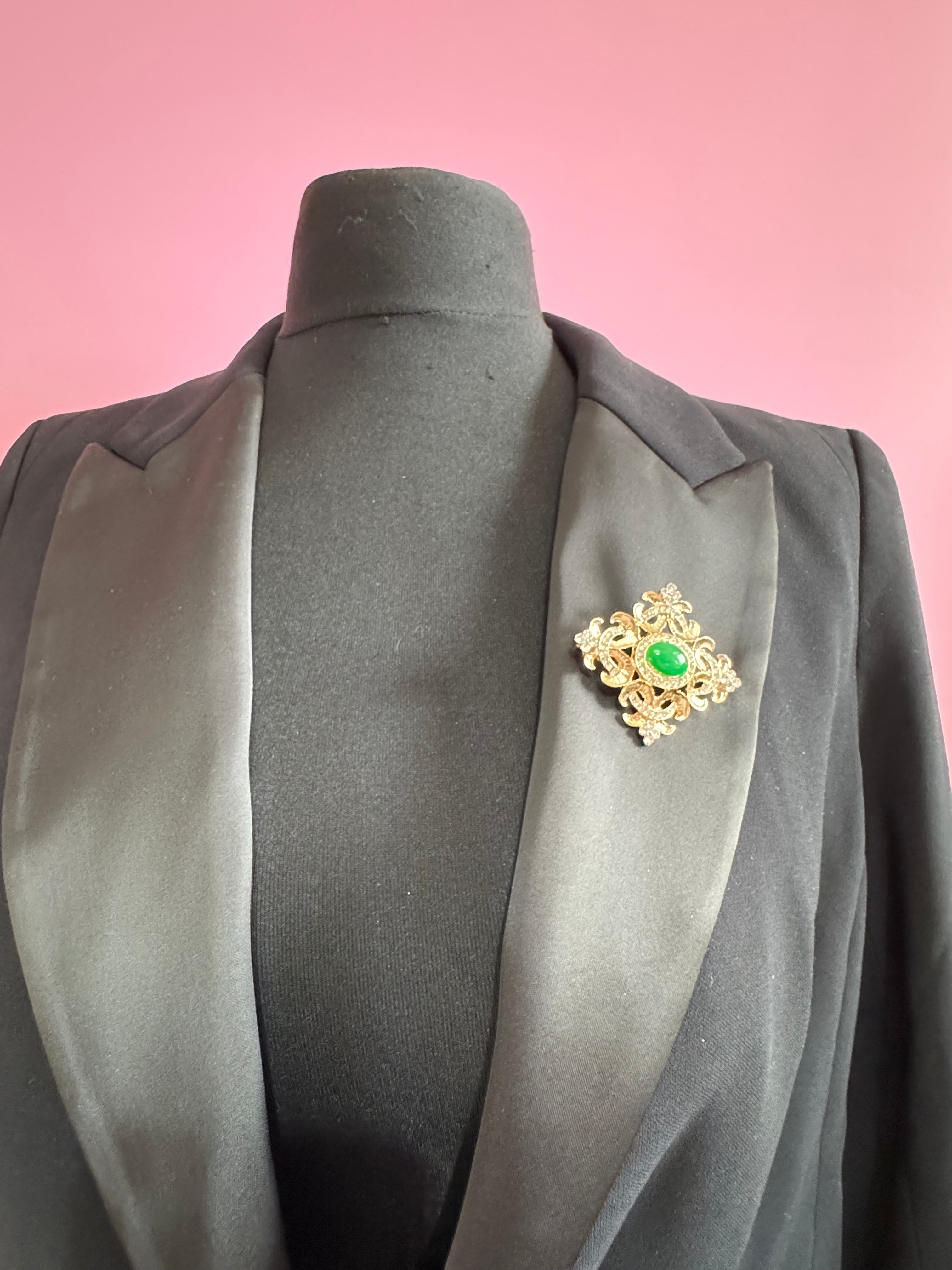 Statement Medieval style gold emerald cabochon rhinestone cross brooch