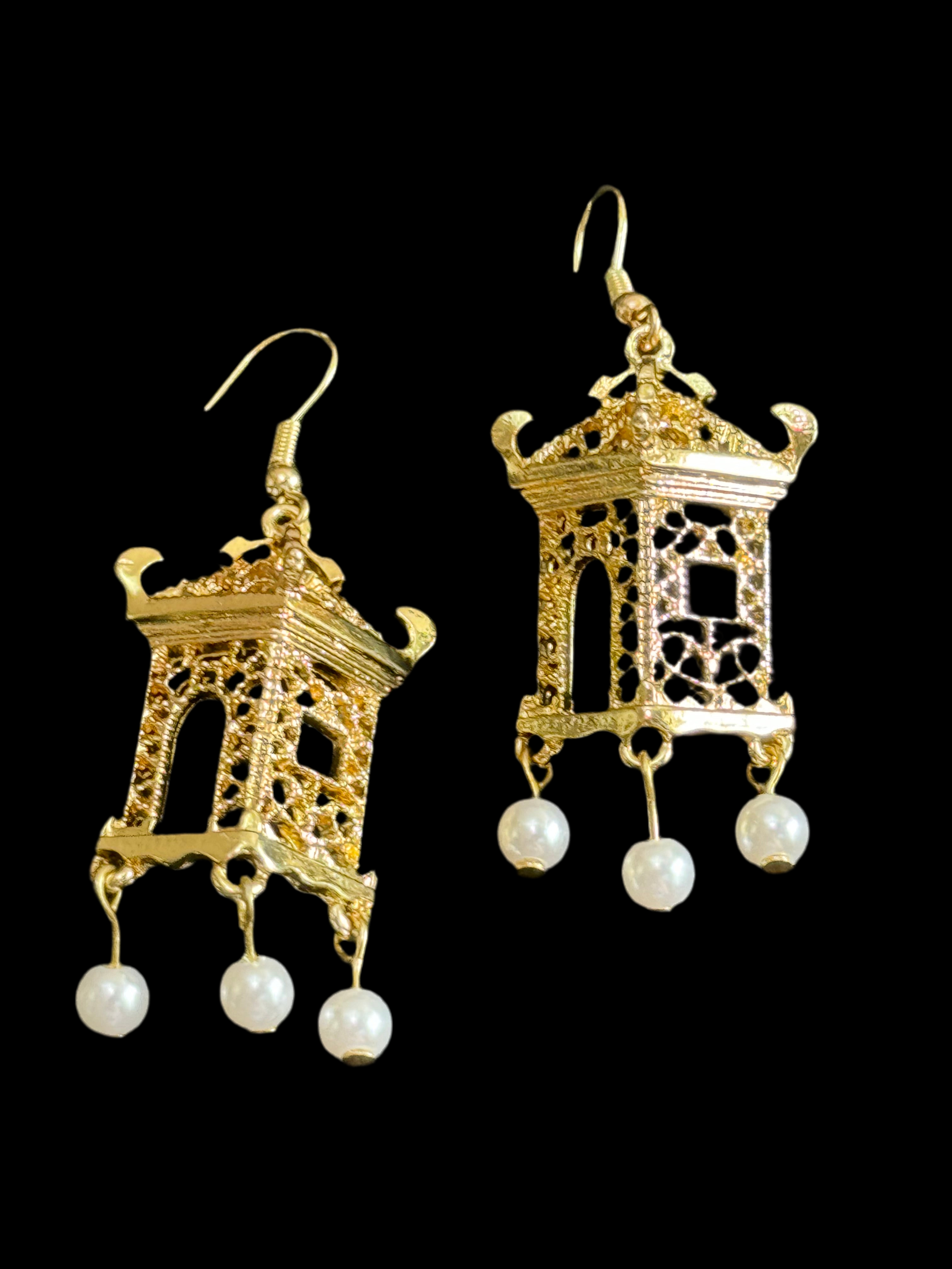Far Eastern Chinese pagoda gold tone faux pearl drop earrings