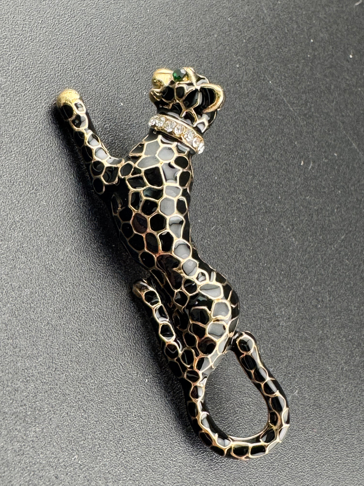 Leopard Panther Brooch, Black Enamel Crystal, Gold Tone, Big 6Cm