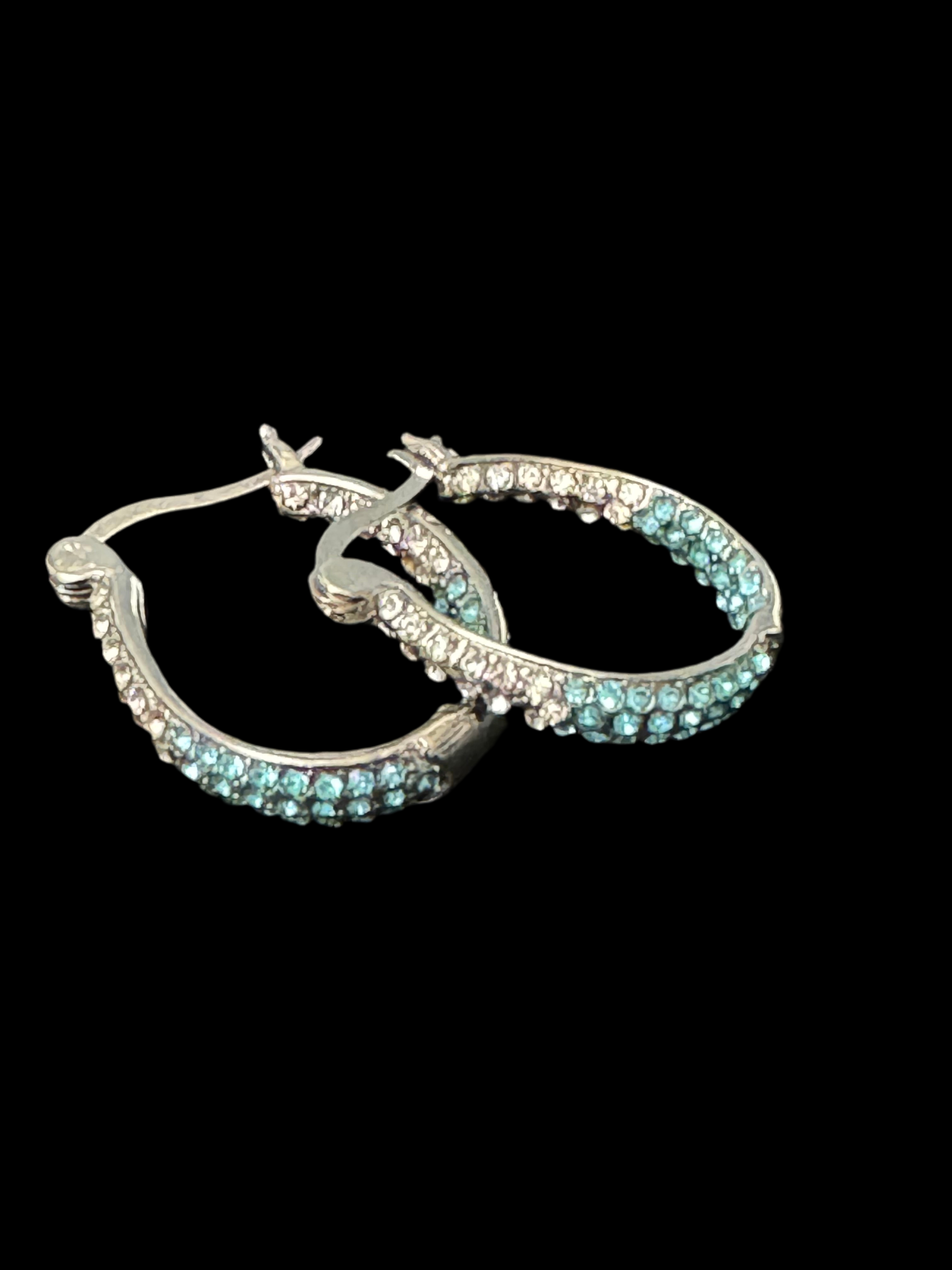 Turquoise blue & clear diamanté Crystal silver tone small oval hoop earrings