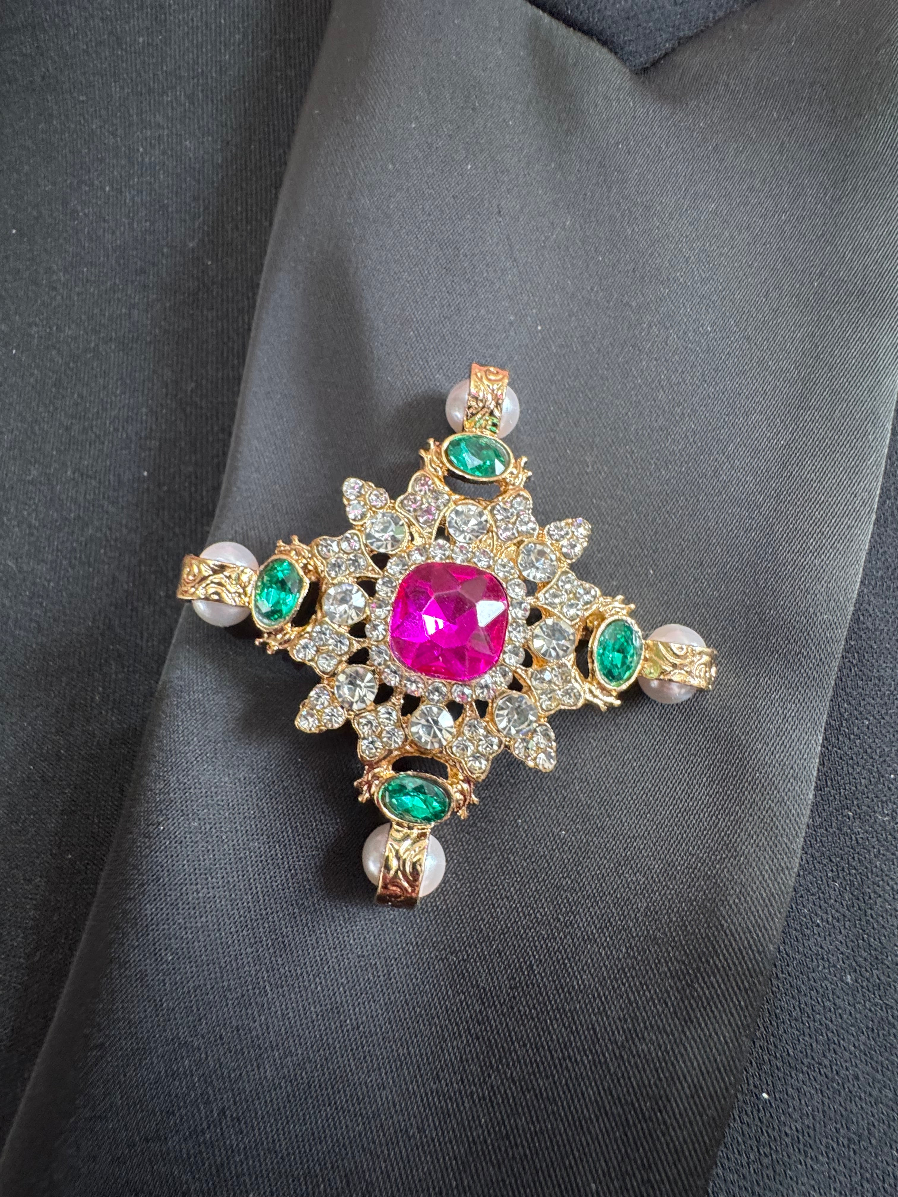 Statement Medieval style gold pink and green rhinestone cross brooch