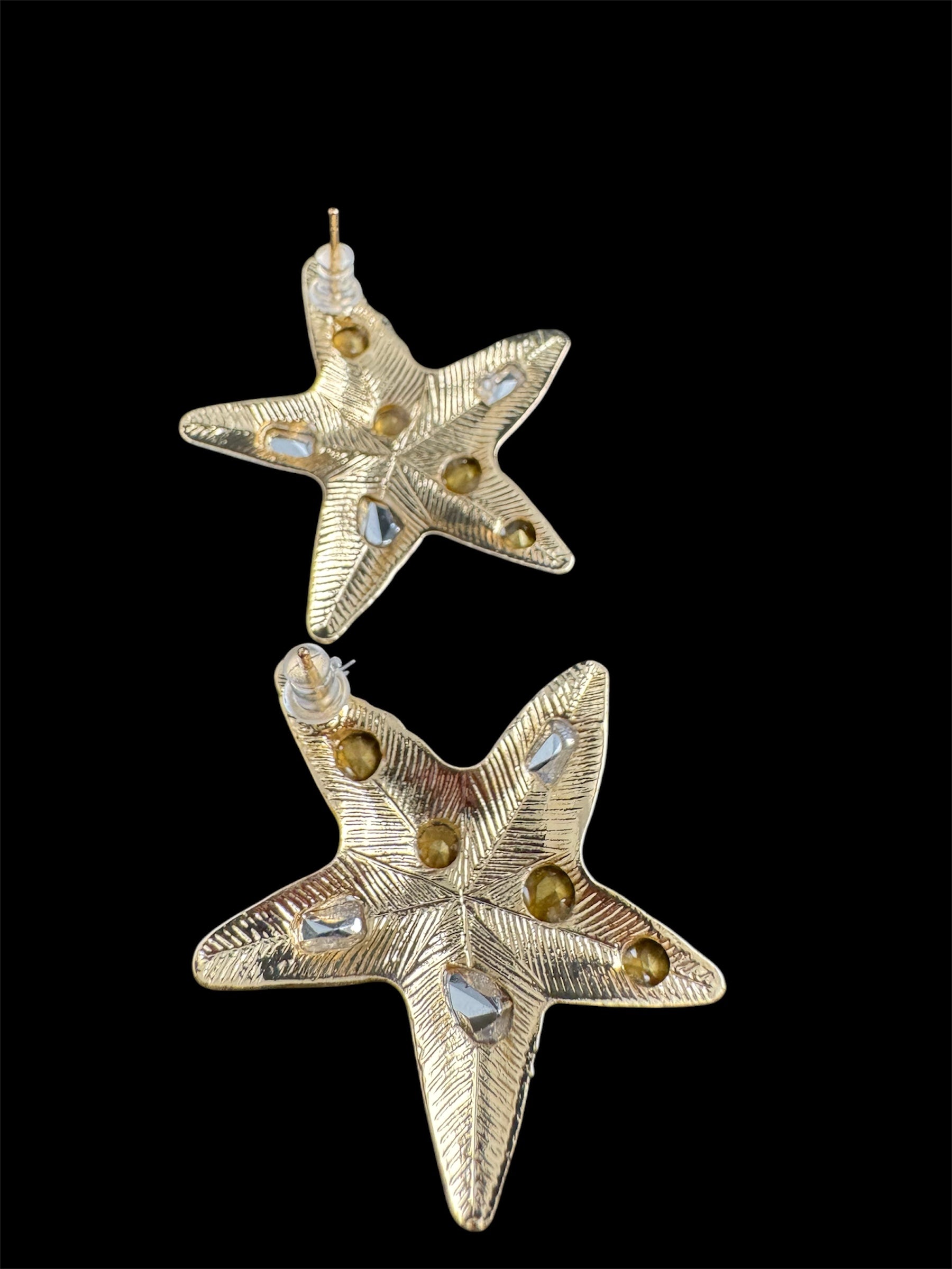 Oversized gold starfish earrings set with rainbow crystals, nautical jewellery