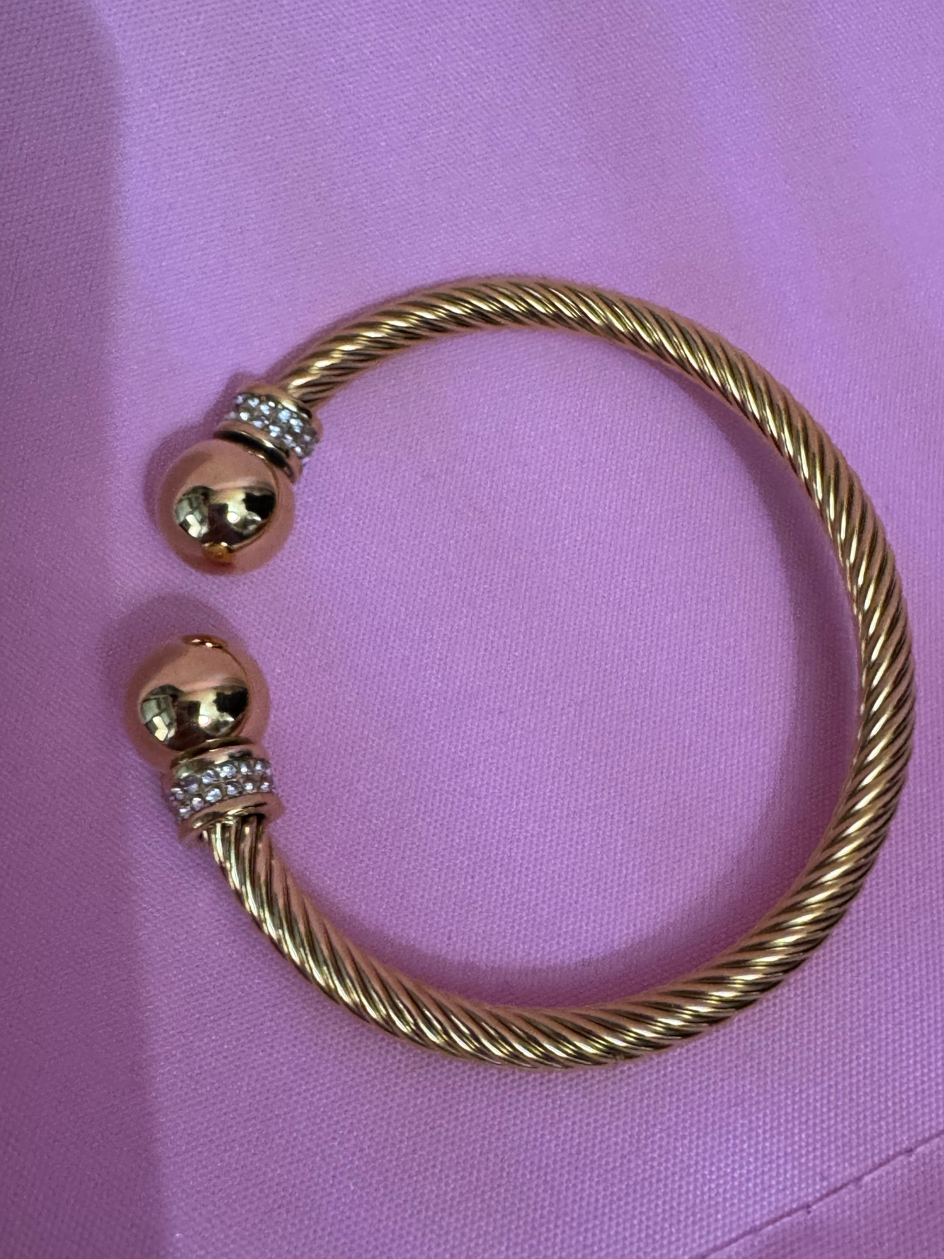 Etruscan style open twisted rhinestone torque cuff bangle gold tone