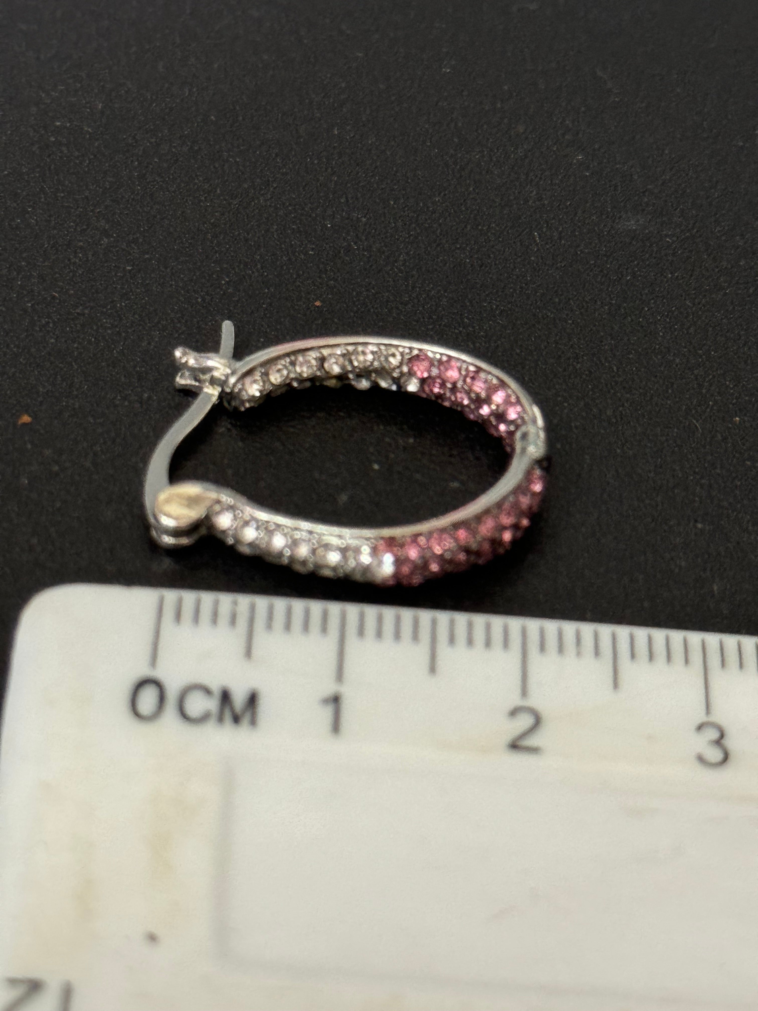 Pink & clear diamanté Crystal silver tone small oval hoop earrings