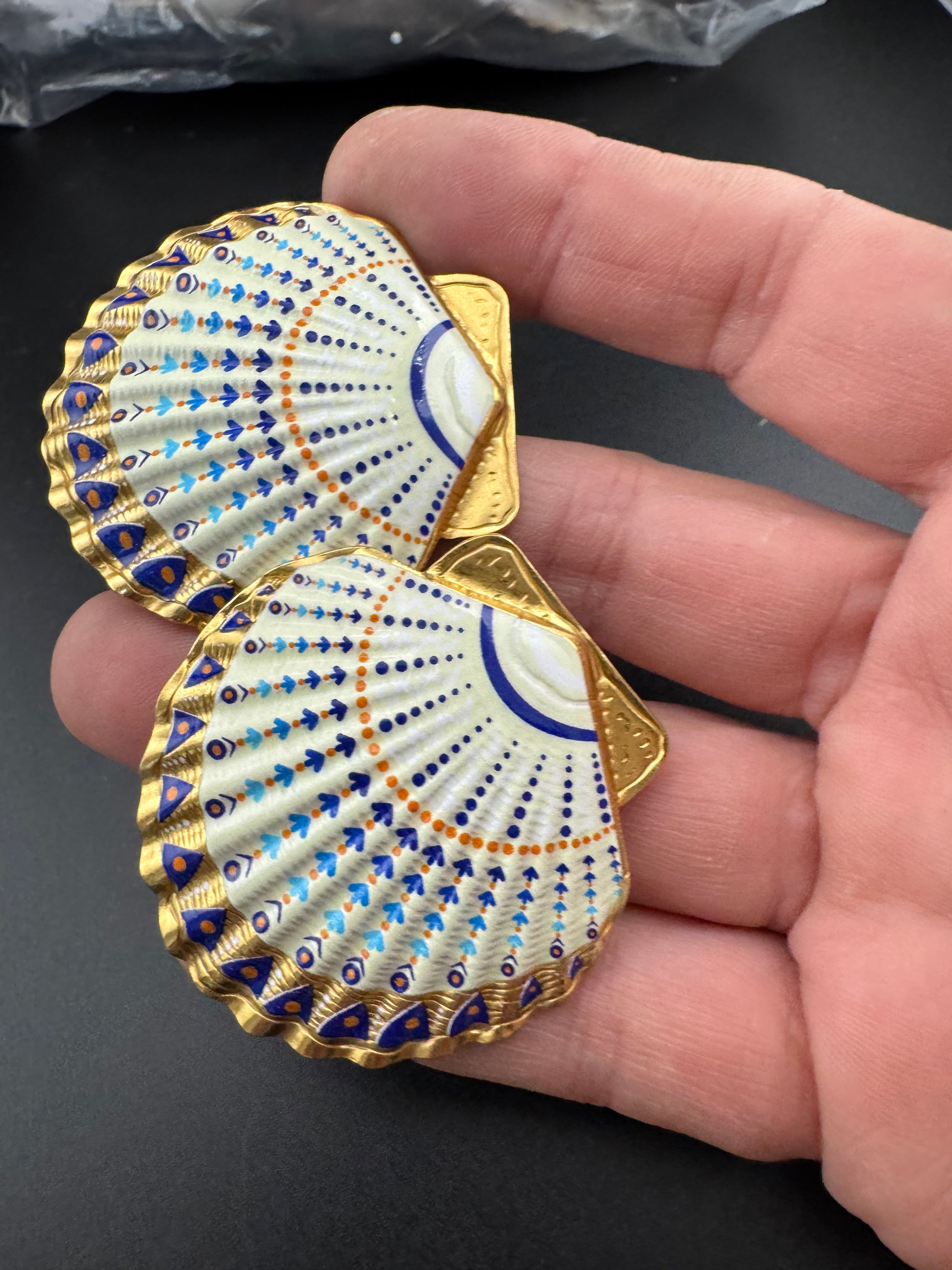 Oversized sea shell enamel earrings for pierced ears turquoise and white