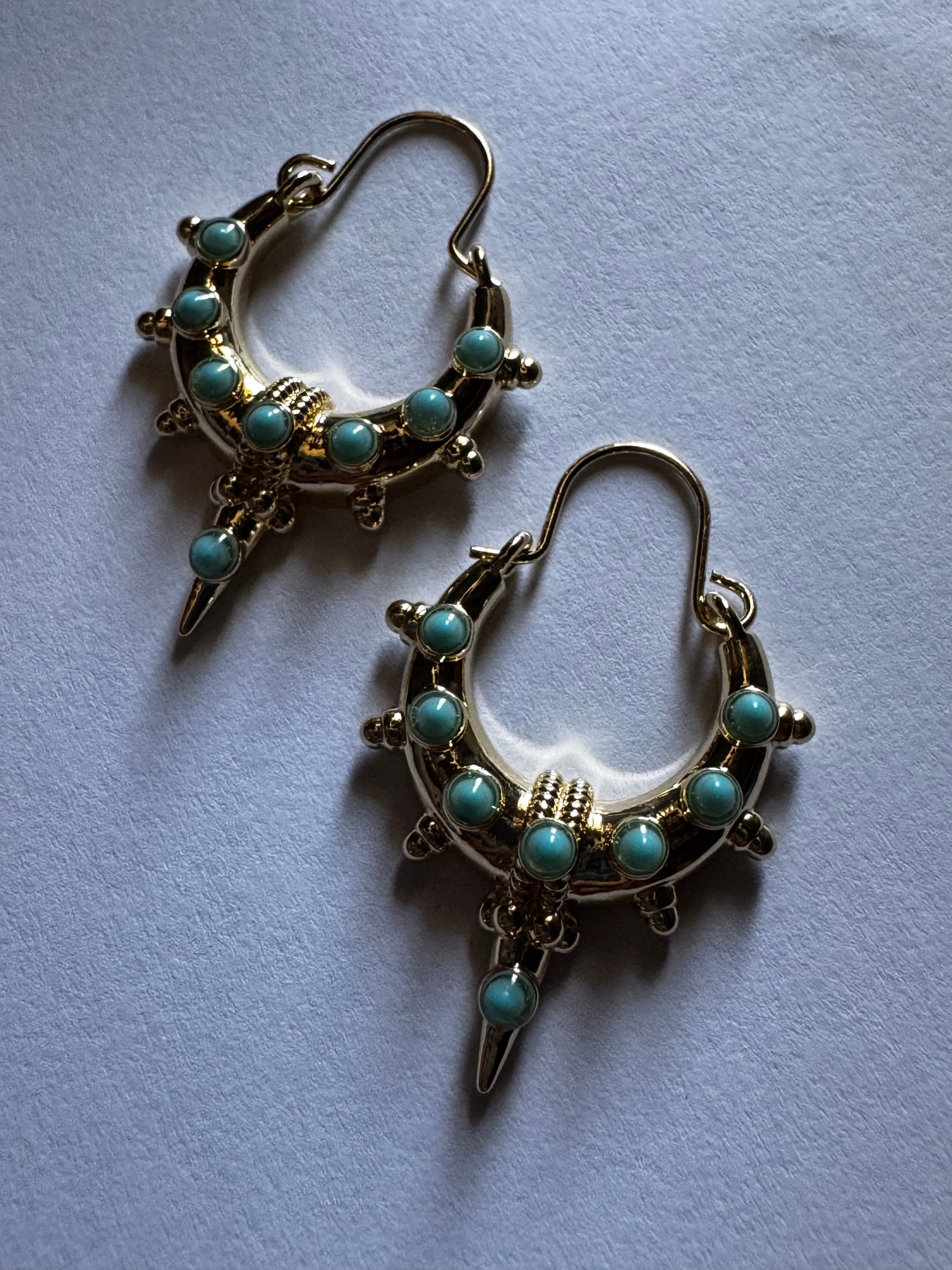 Etruscan Gold Plated Turquoise Blue Statement Hoop Earrings