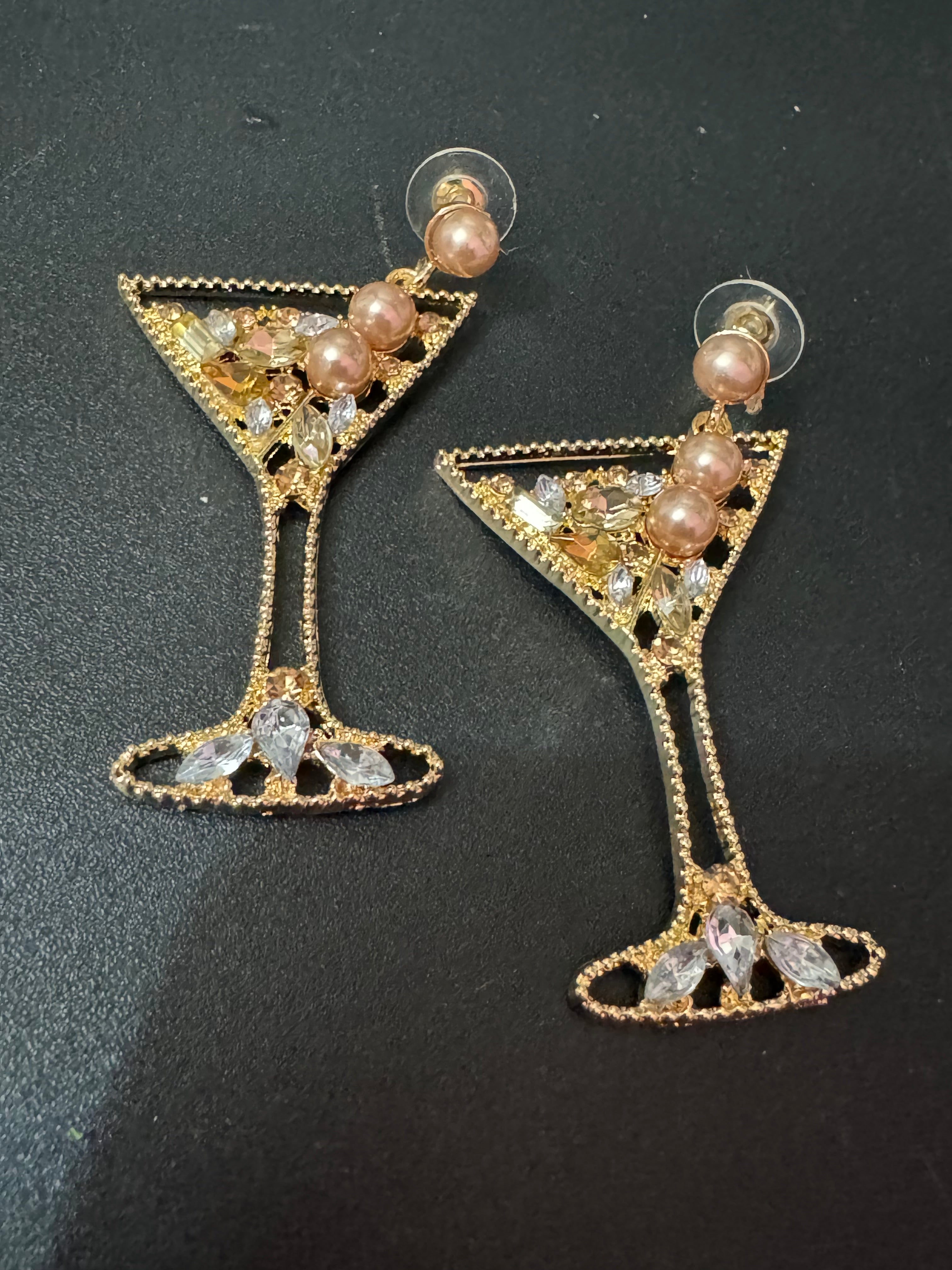 Novelty oversized faux pearl diamanté crystal champagne cocktail glass earrings
