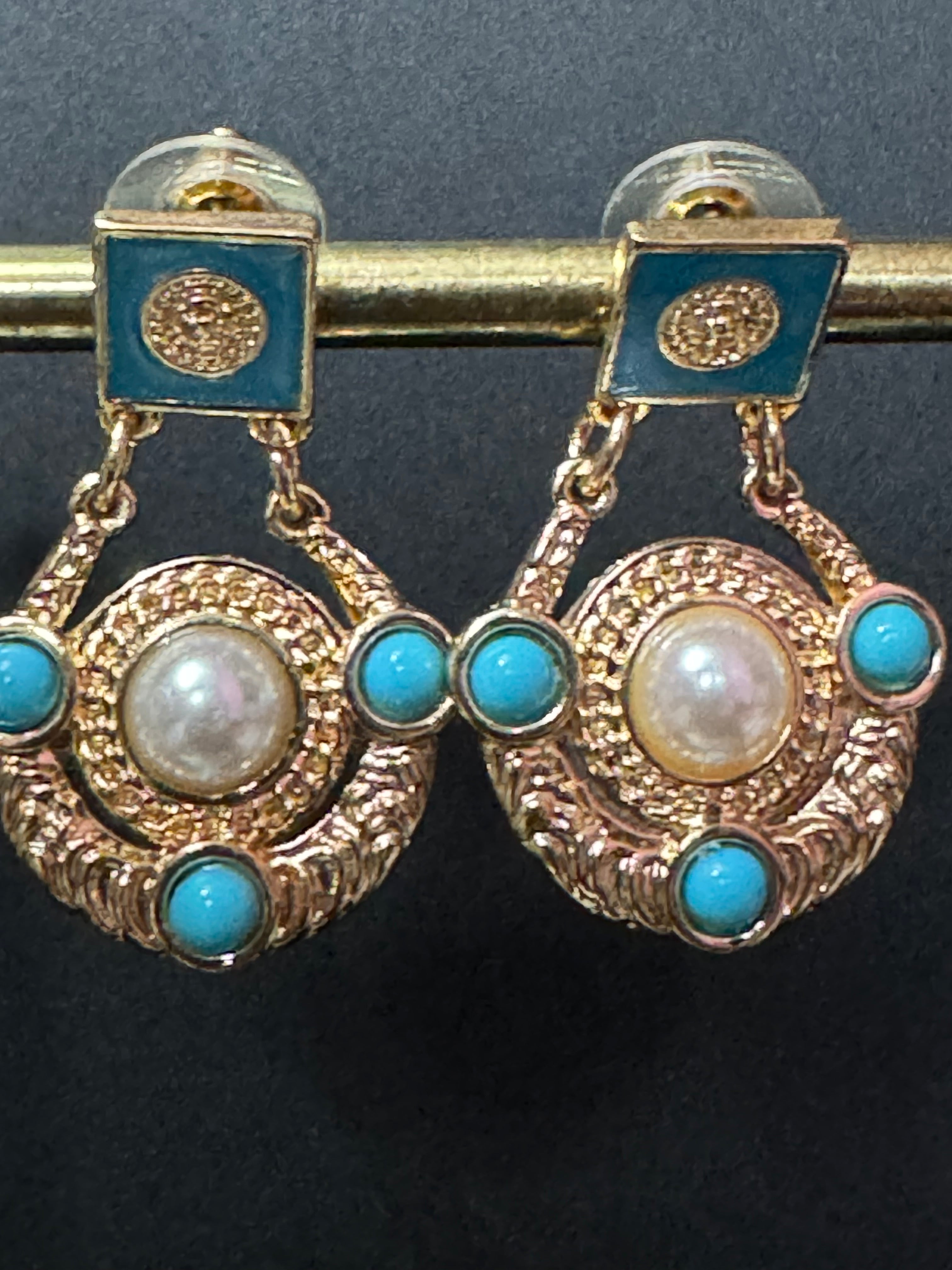 Etruscan gold disc drop earrings with turquoise and pearl cabochons