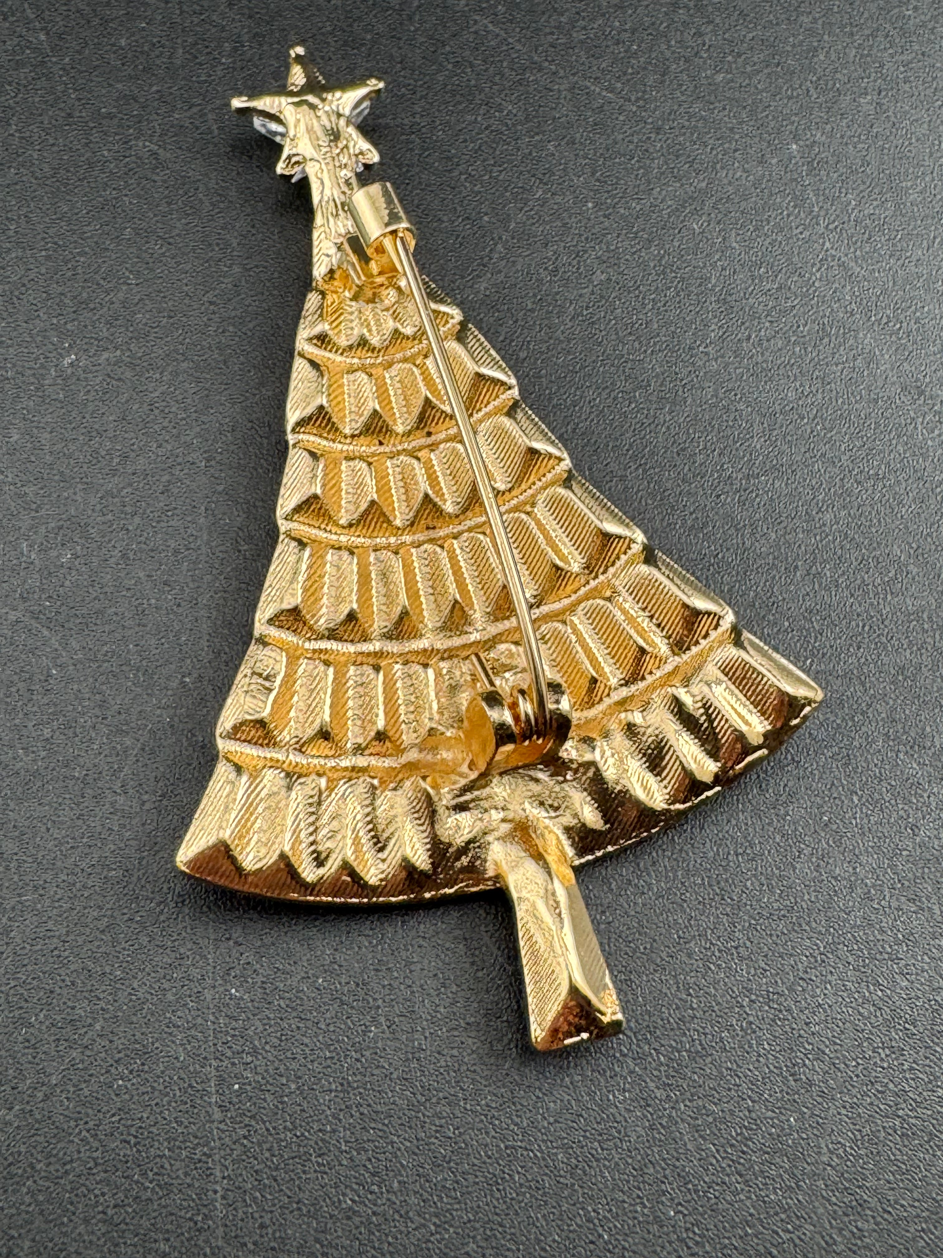 Baguette Crystal diamanté Christmas tree brooch, gold