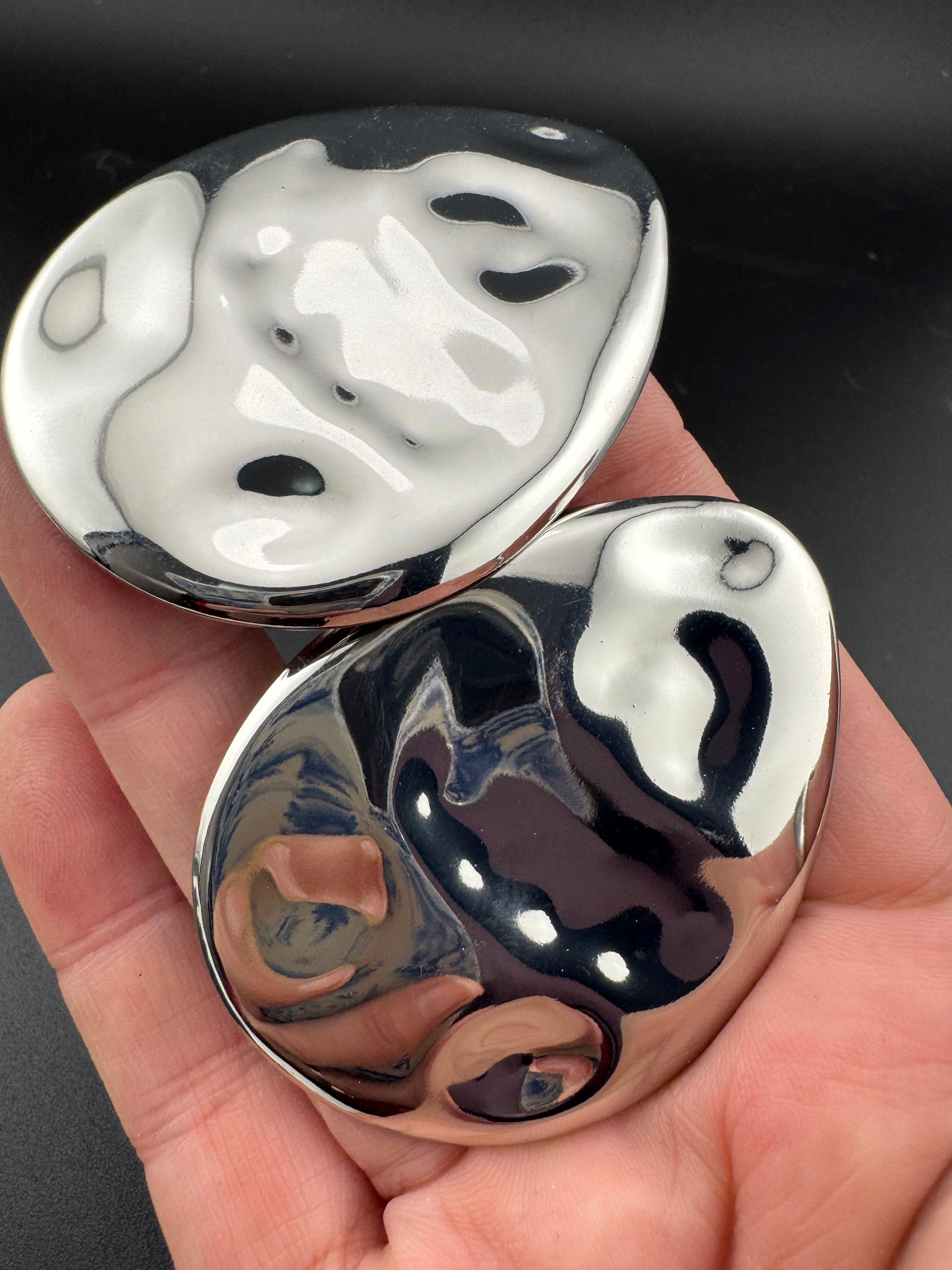 Oversized gold and silver tone flat abstract oval huge stud earrings pierced