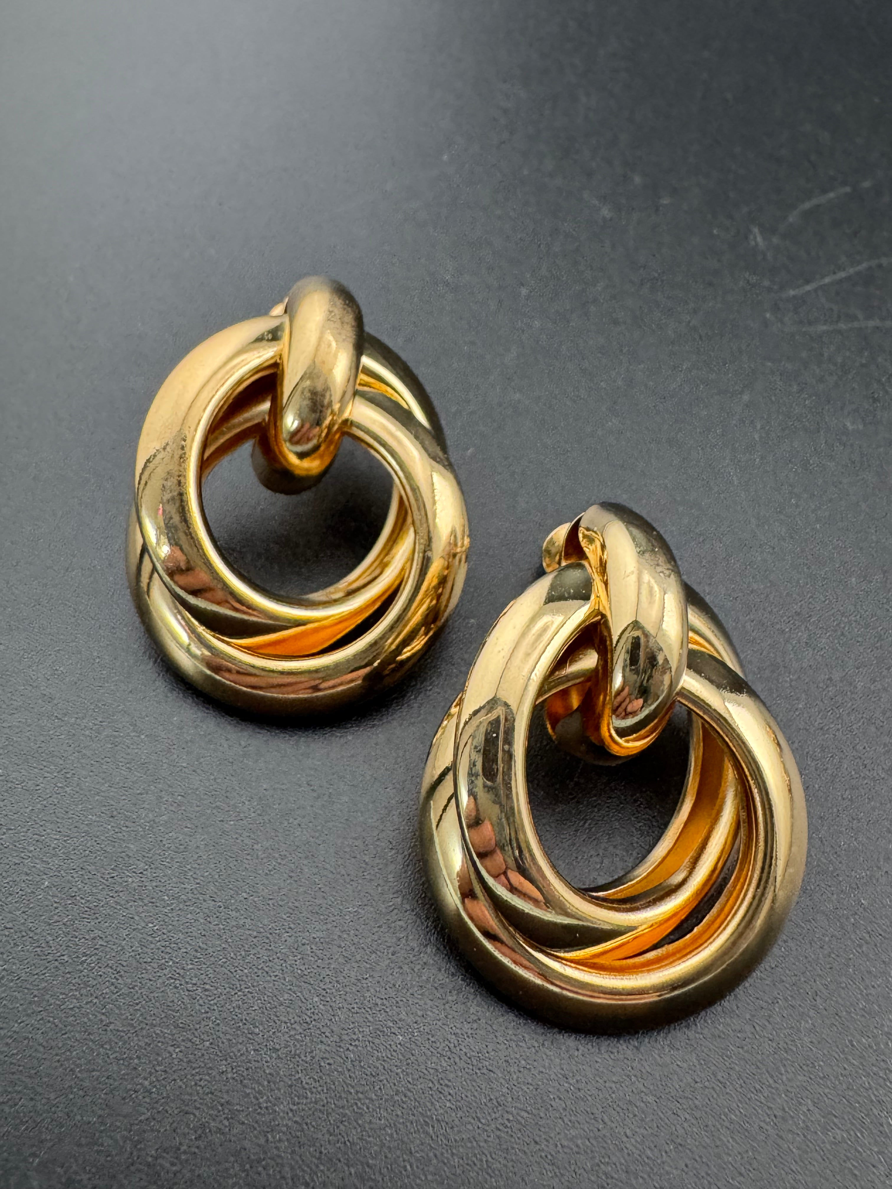 Gold tube door knocker knot stud earrings