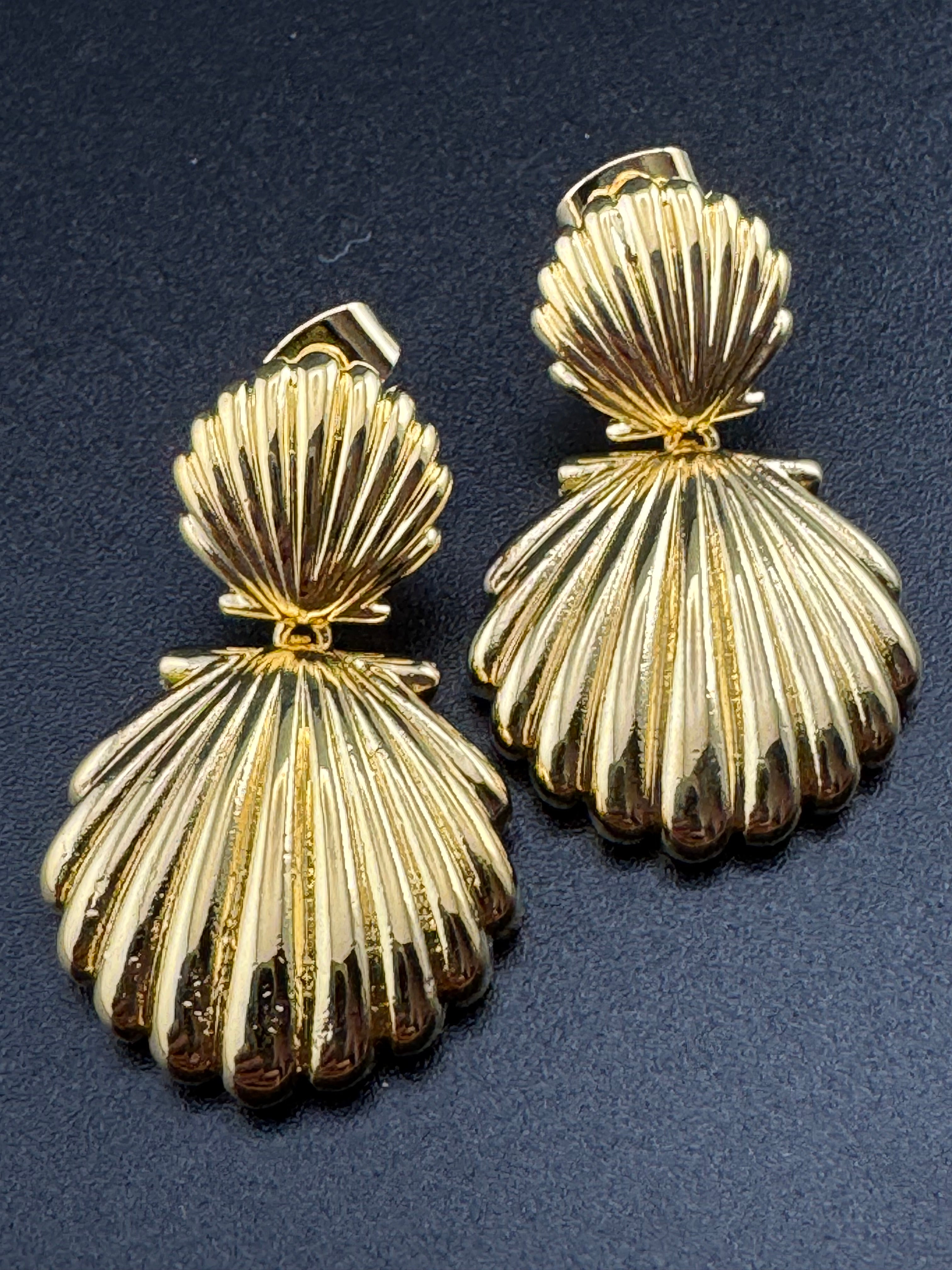 Nautical Gold seashell drop earrings , pierced door knocker hinged