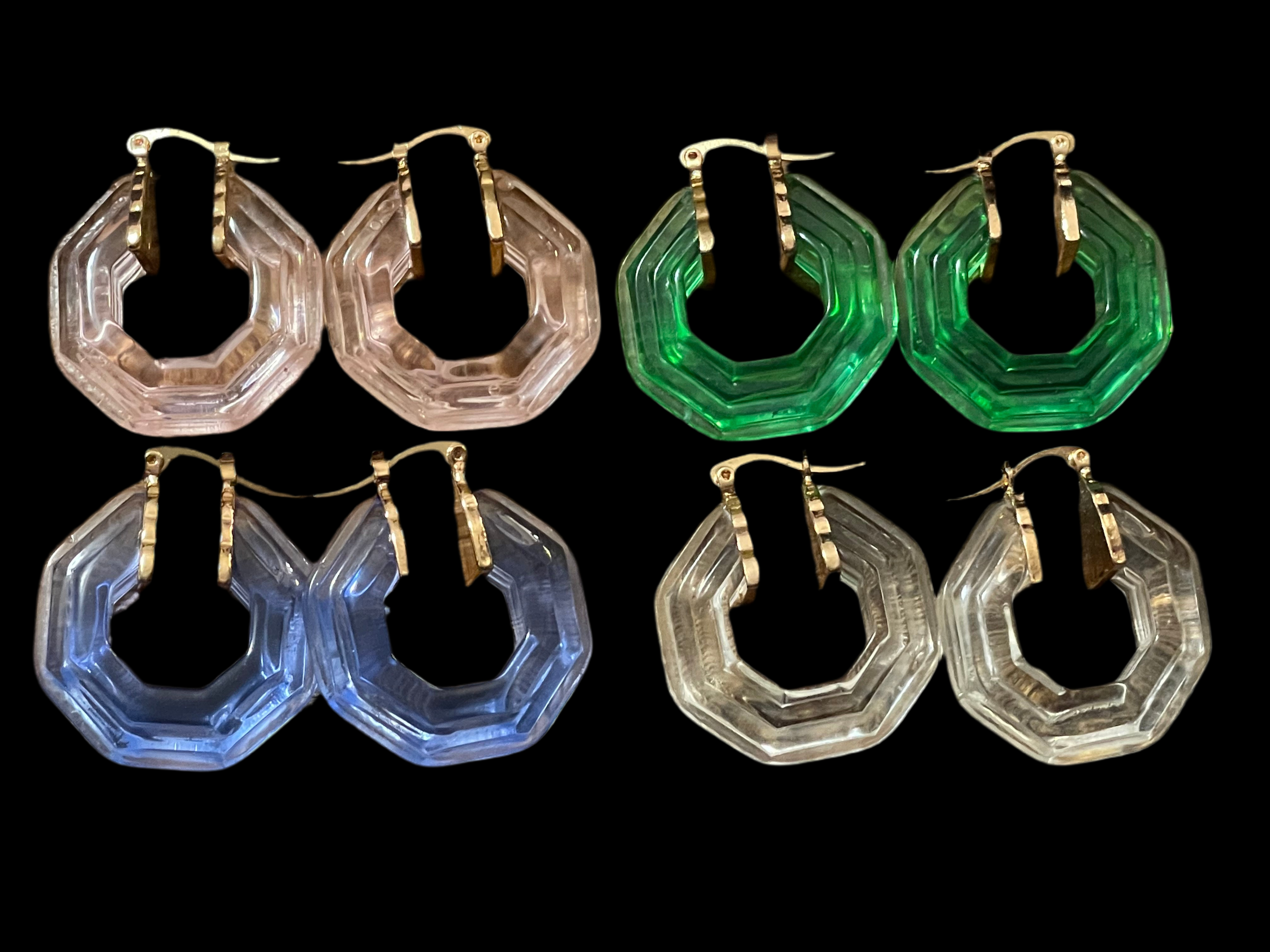 Octagonal bright green clear acrylic gold tone hoop earrings