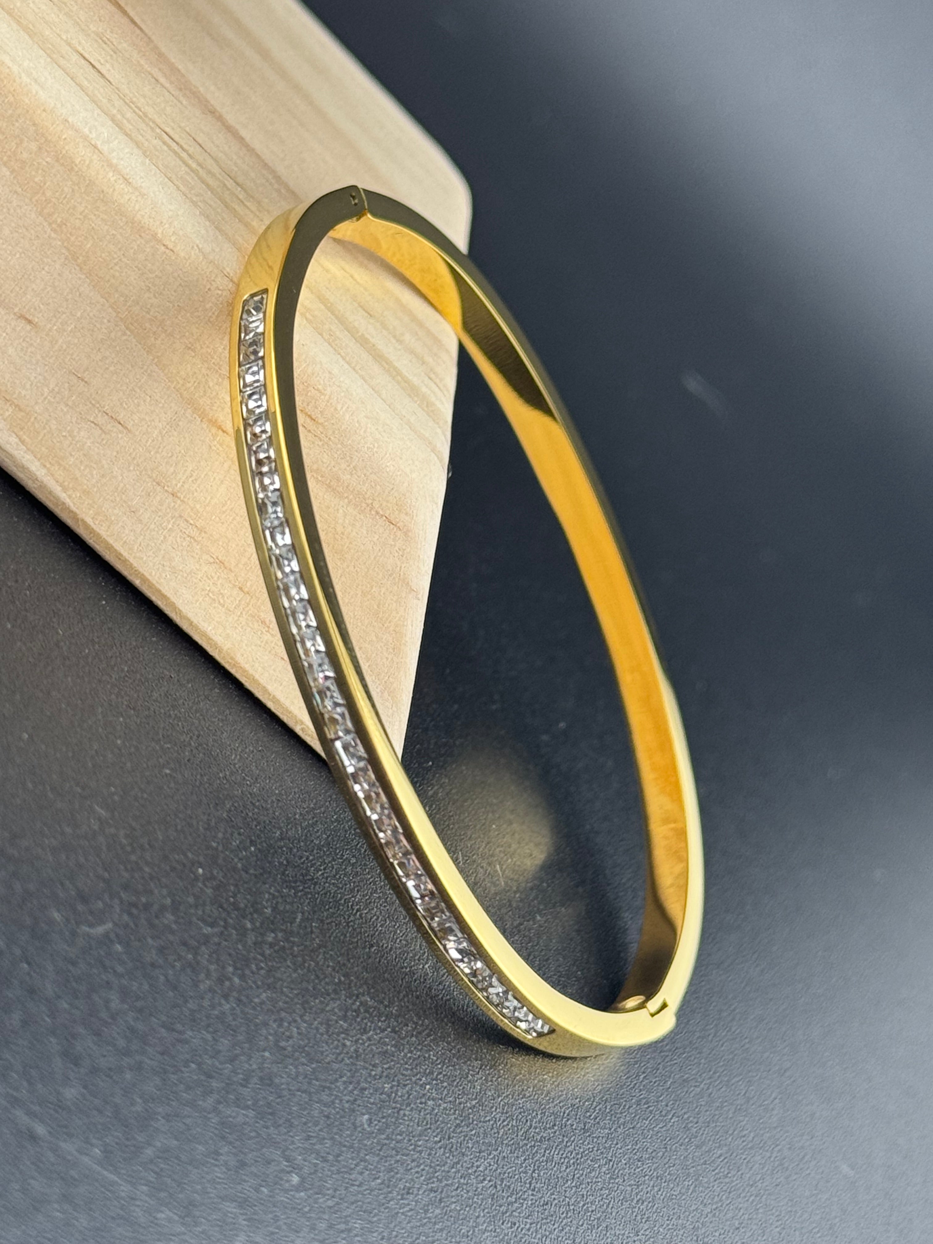 Gold plated high end square channel set clear CZ Crystal hinged clamper bangle bracelet