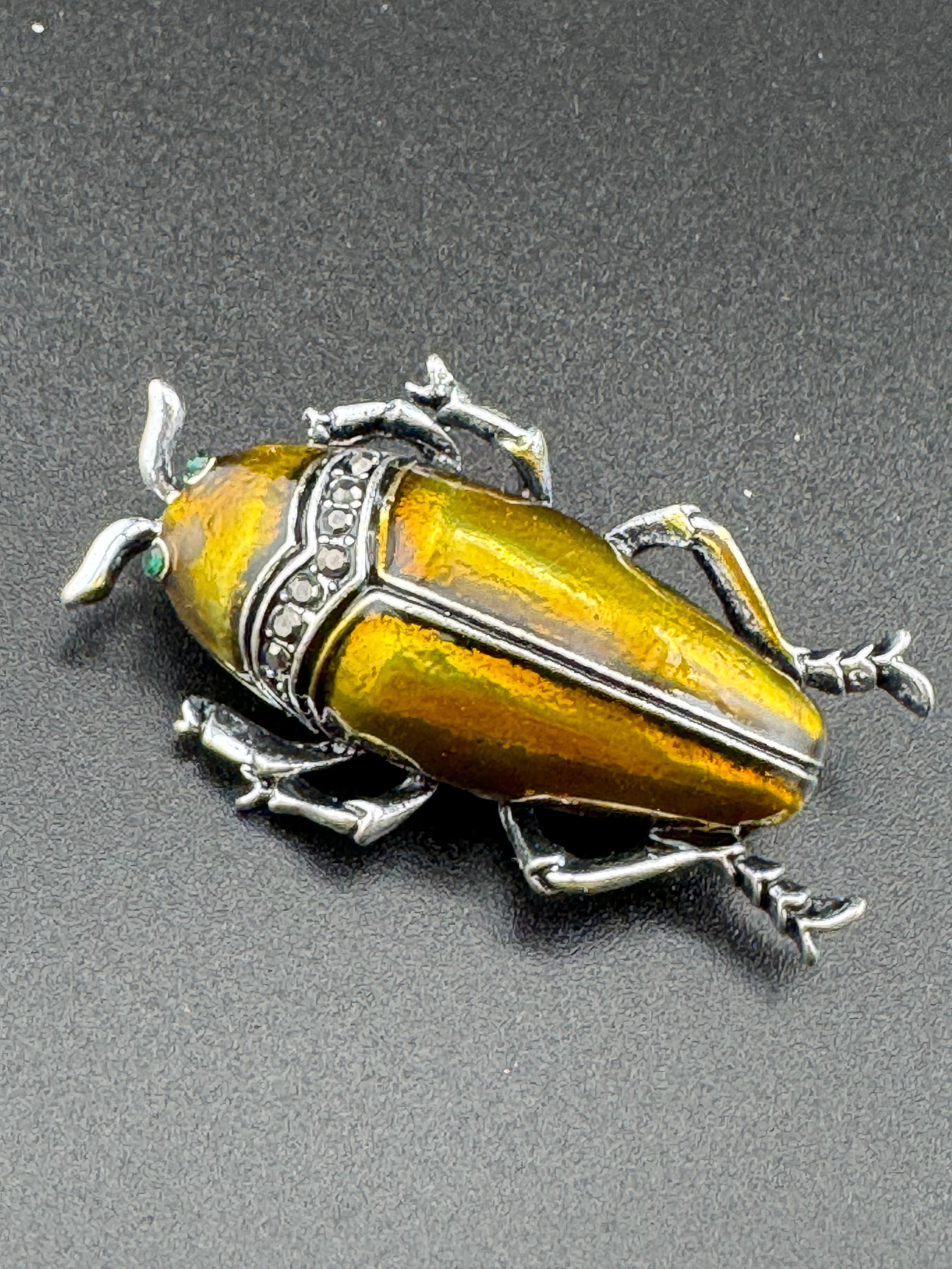 Marcasite beetle brooch, Bronze gold metallic enamel , new bug brooch