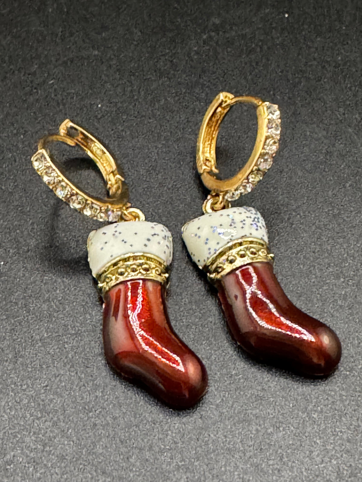 Red enamel rhinestone Christmas stockings earrings, festive jewellery, gift for her