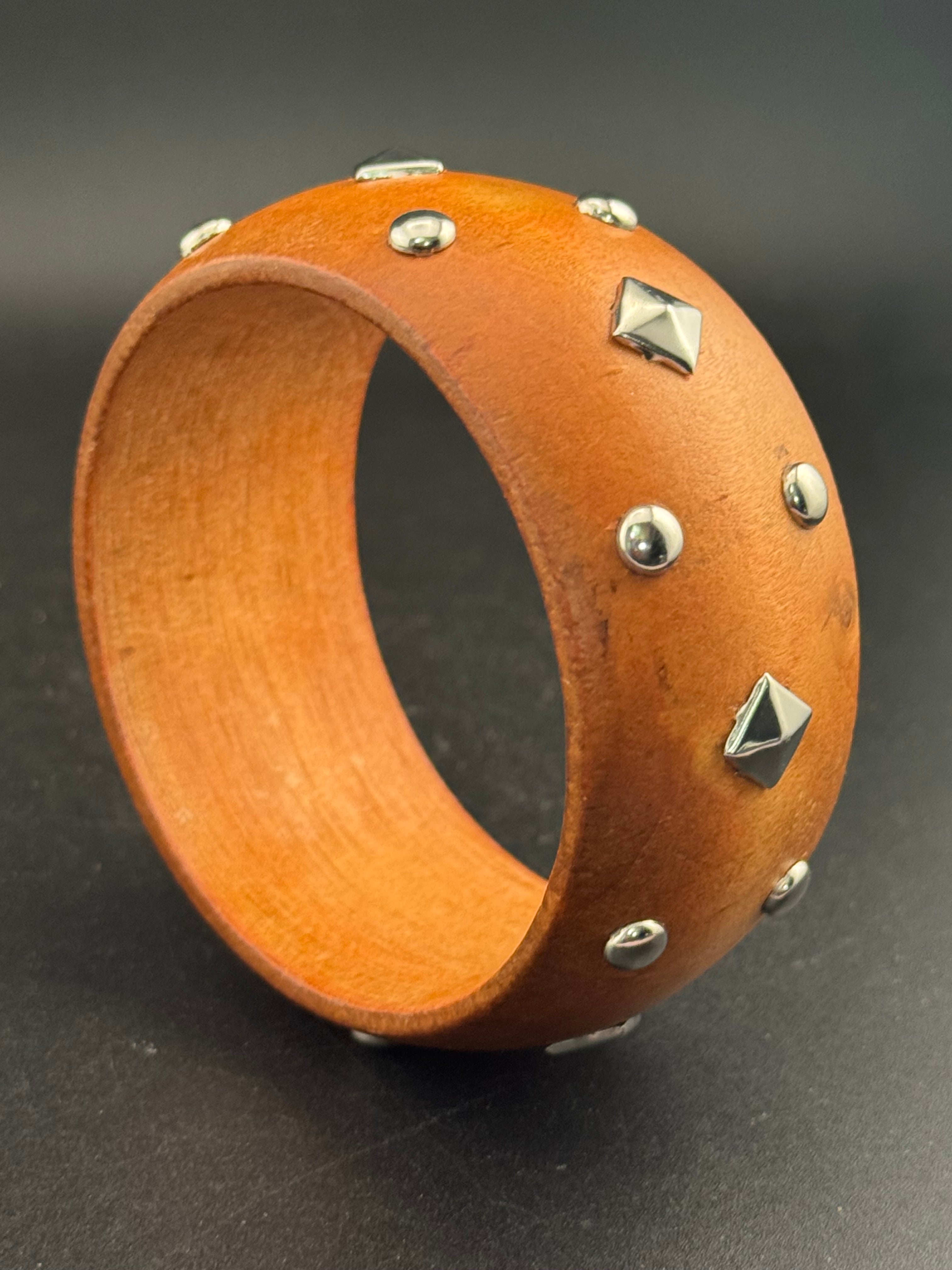 Oversized wide designed silver metal studded wooden bangle