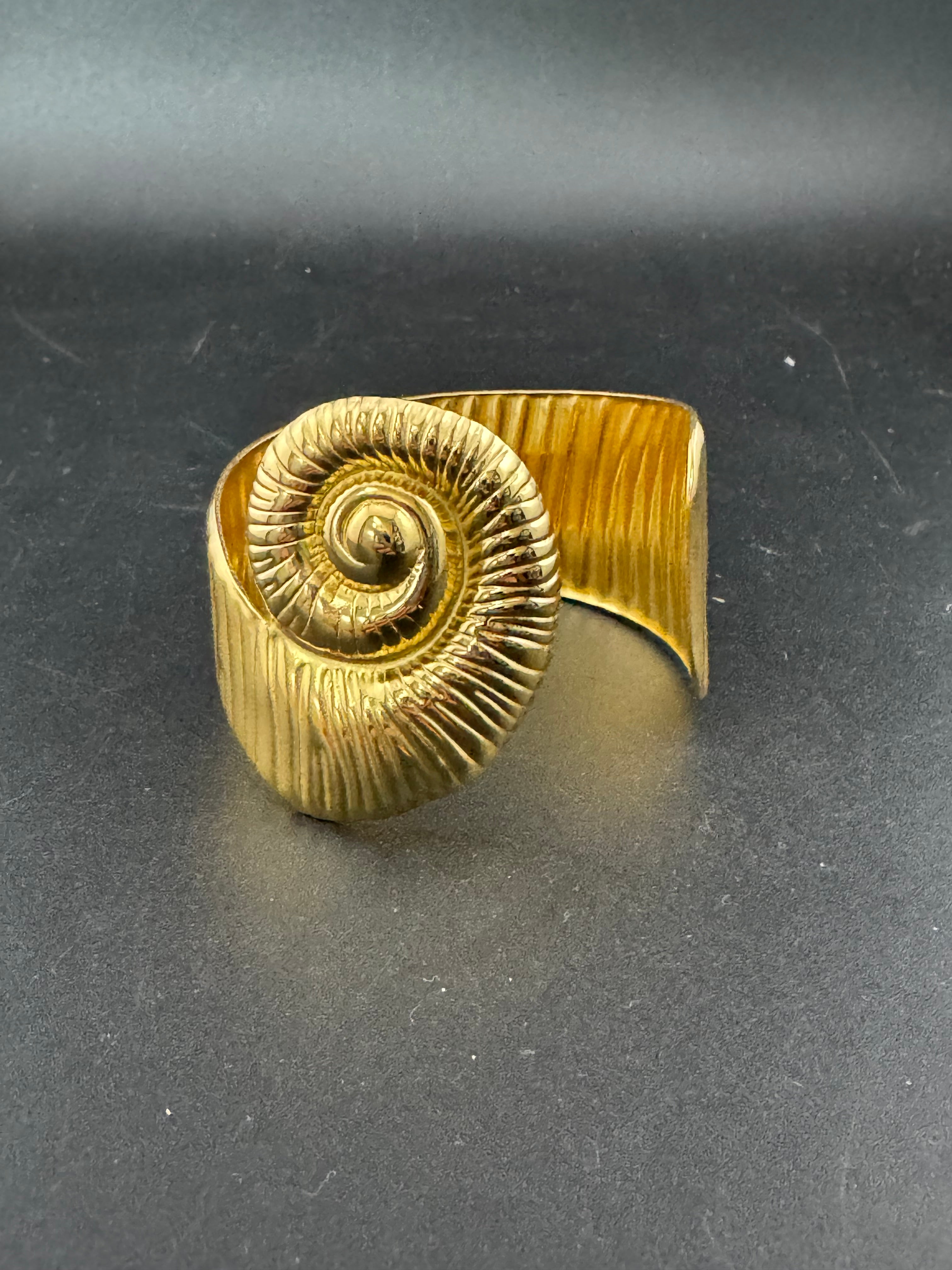 Gold tone ammonite seashell wide cuff bangle bracelet , nautical jewellery