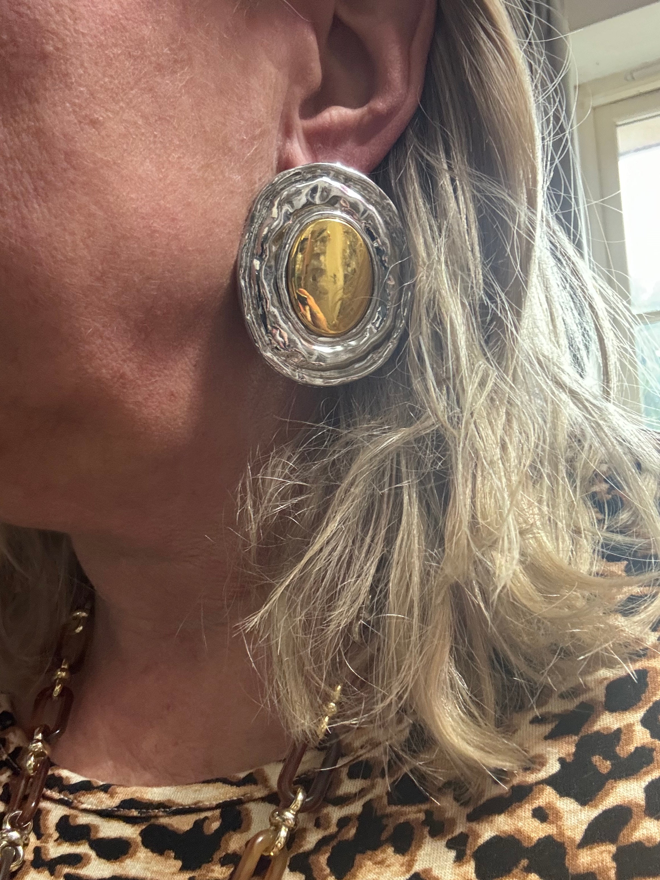 Oversized huge silver and gold tone statement Textured oval pierced stud earrings