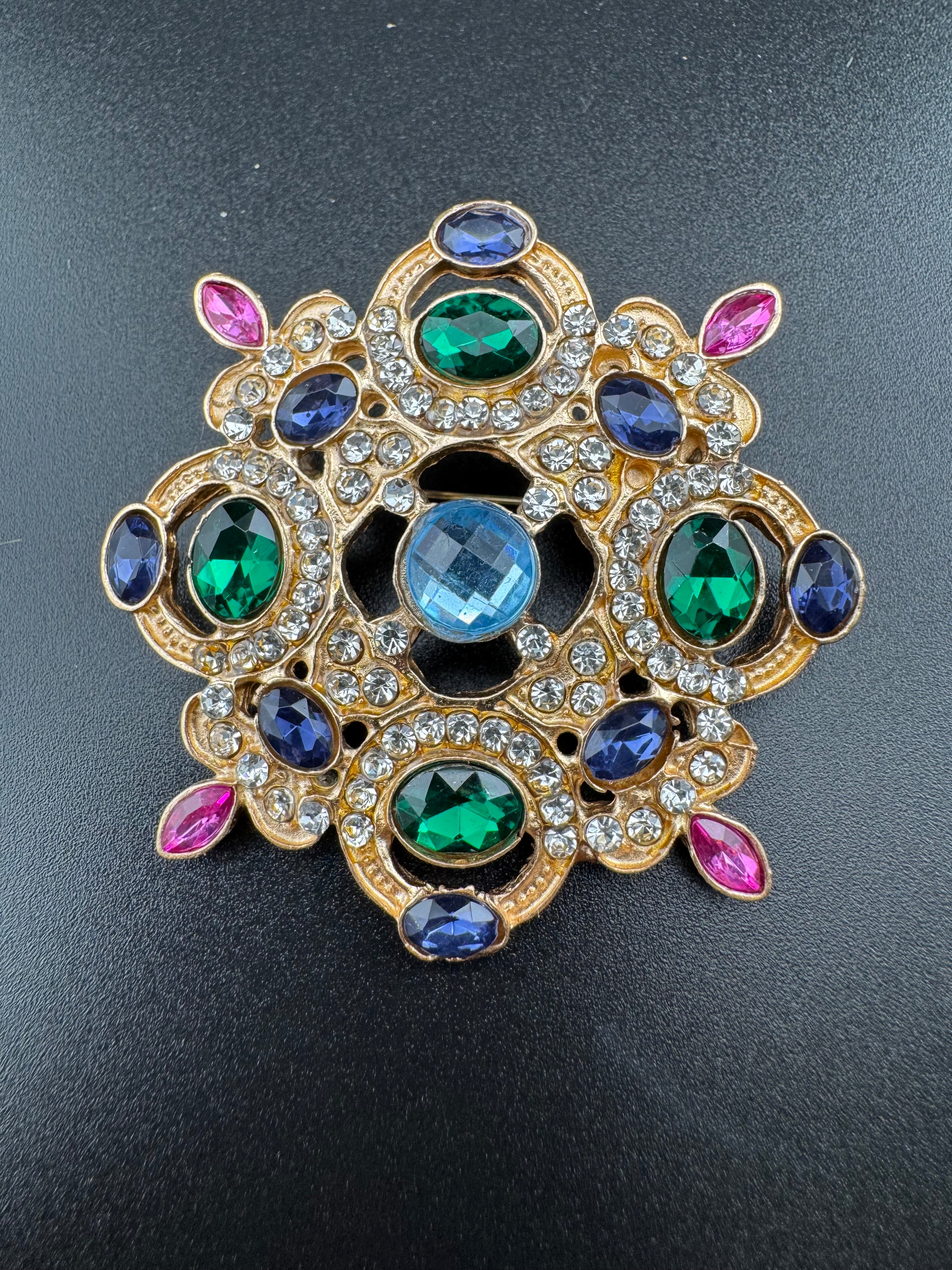 Statement Medieval style gold emerald and sapphire rhinestone cross brooch