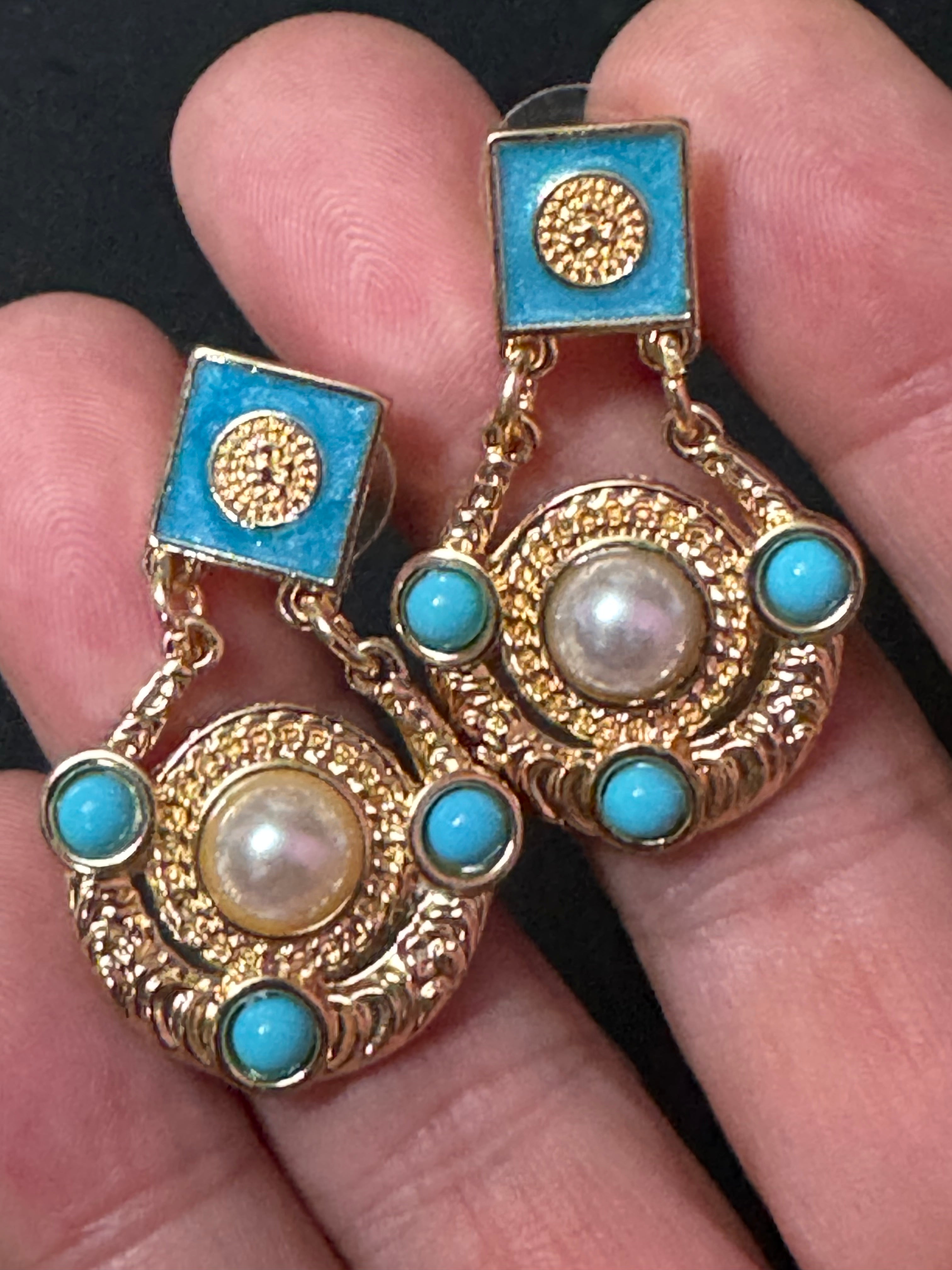 Etruscan gold disc drop earrings with turquoise and pearl cabochons