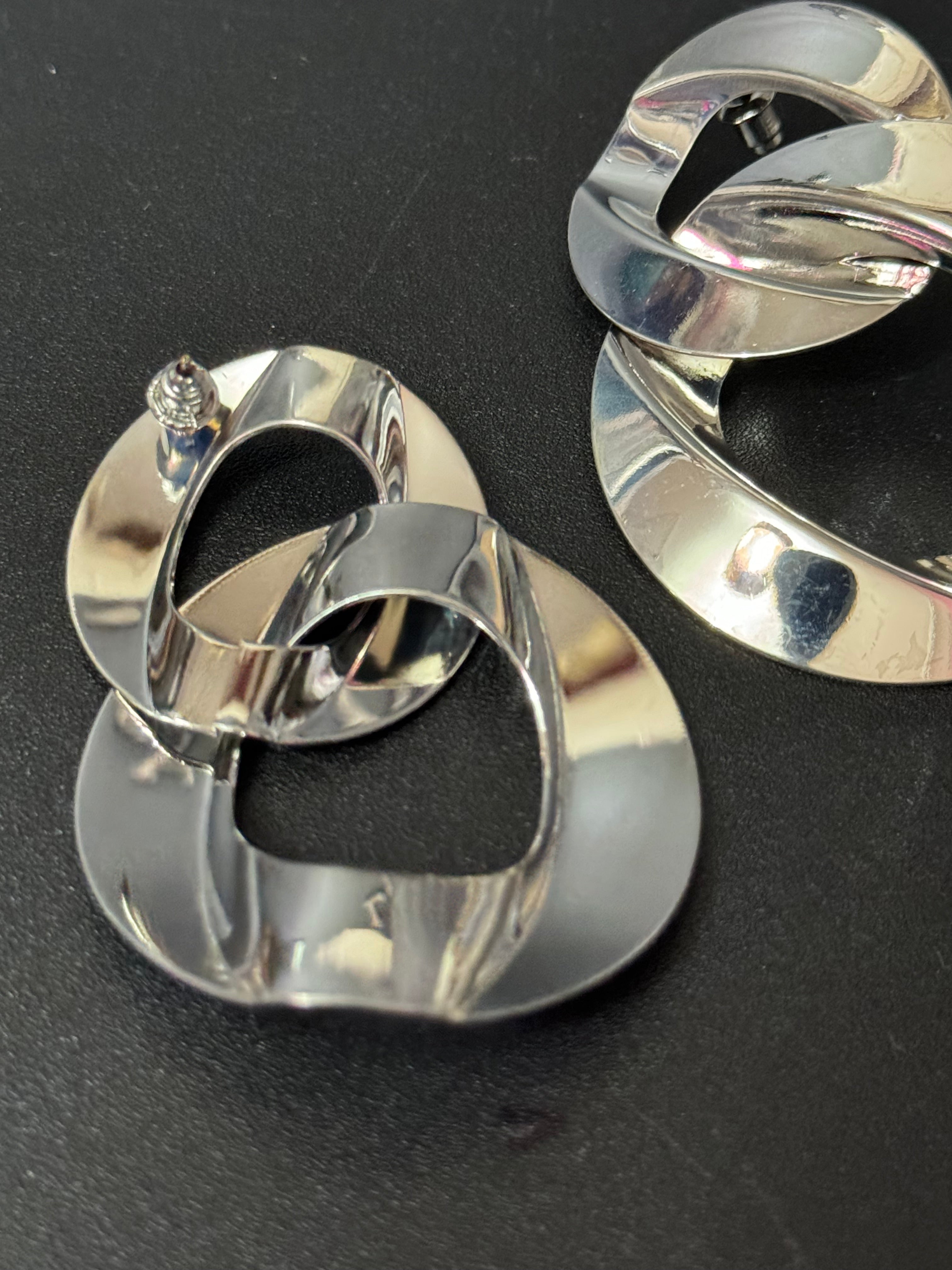 Oversized silver flat chain link drop earrings pierced