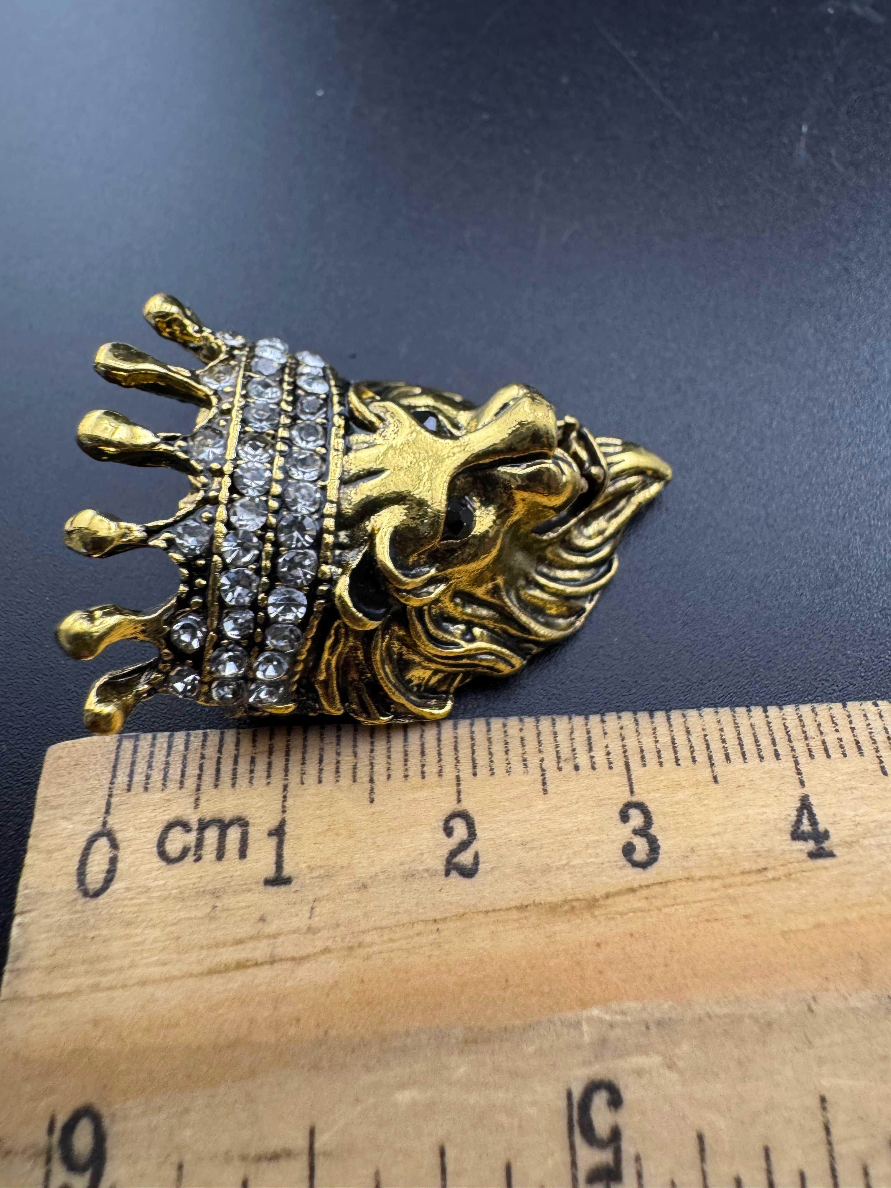 Crystal royal crown gold lion brooch, antique gold tone