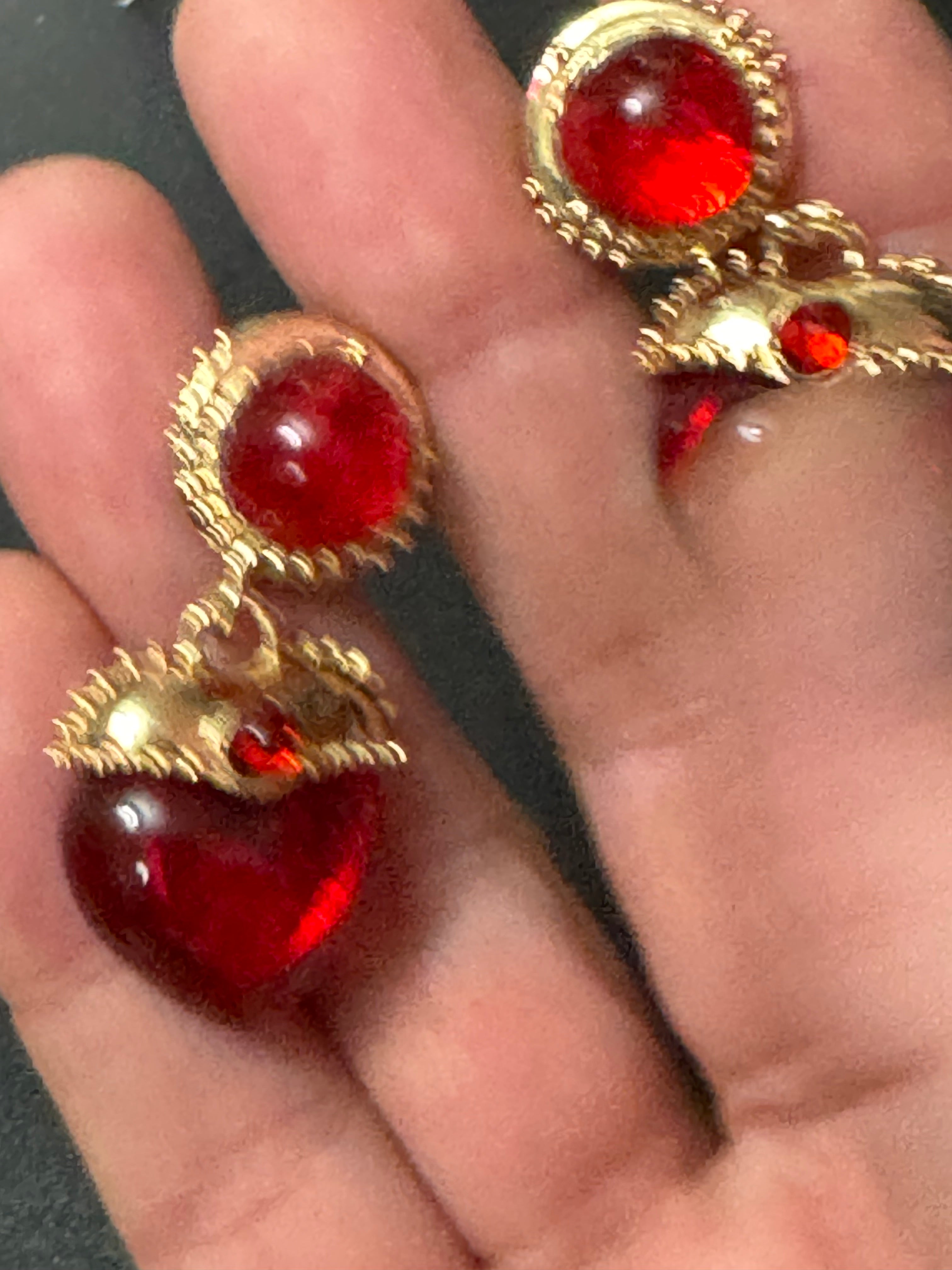Oversized medieval style ruby red love heart cabochon drop earrings gold tone