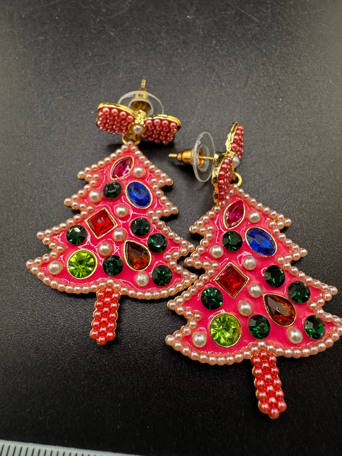 Oversized pink Christmas tree dangly earrings for pierced ears