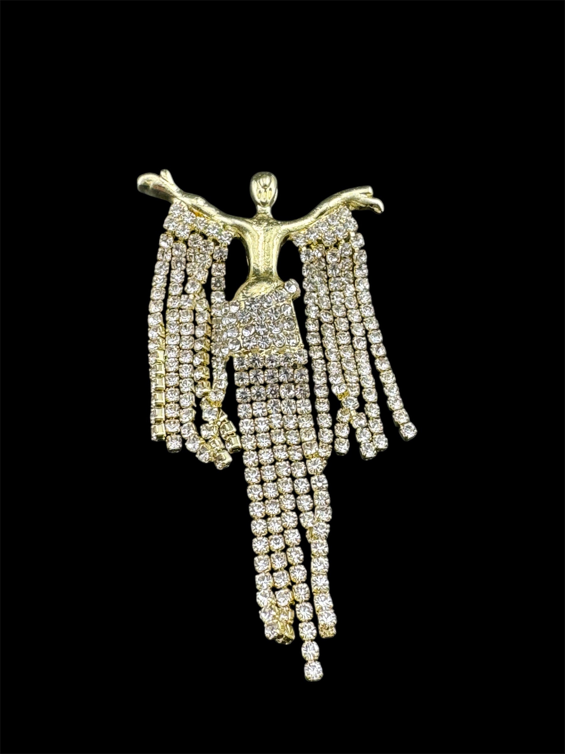 Gold rhinestone diva brooch, diamanté lady waterfall pin