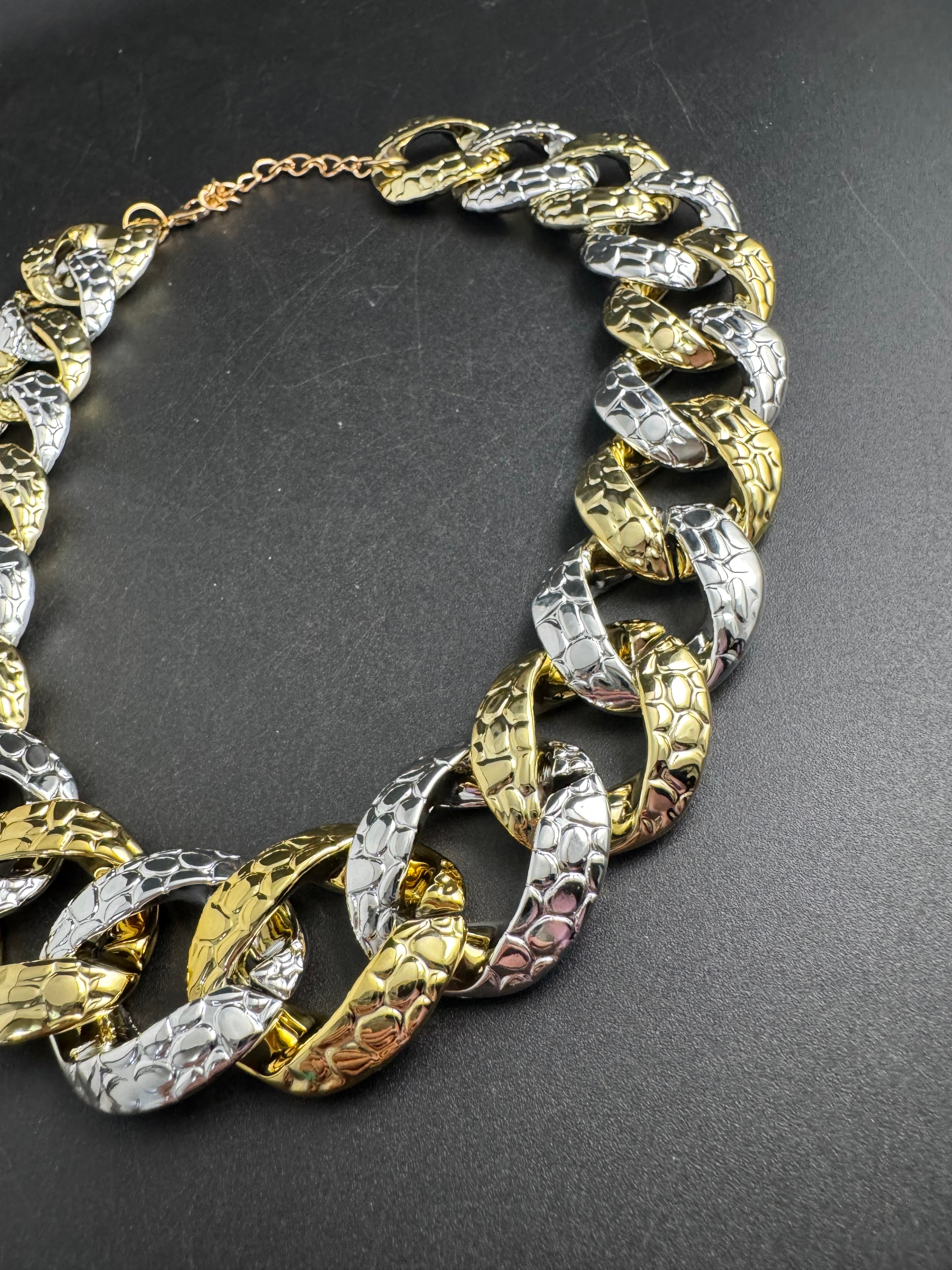 Chunky acrylic gold and silver curb link choker necklace, oversized jewellery