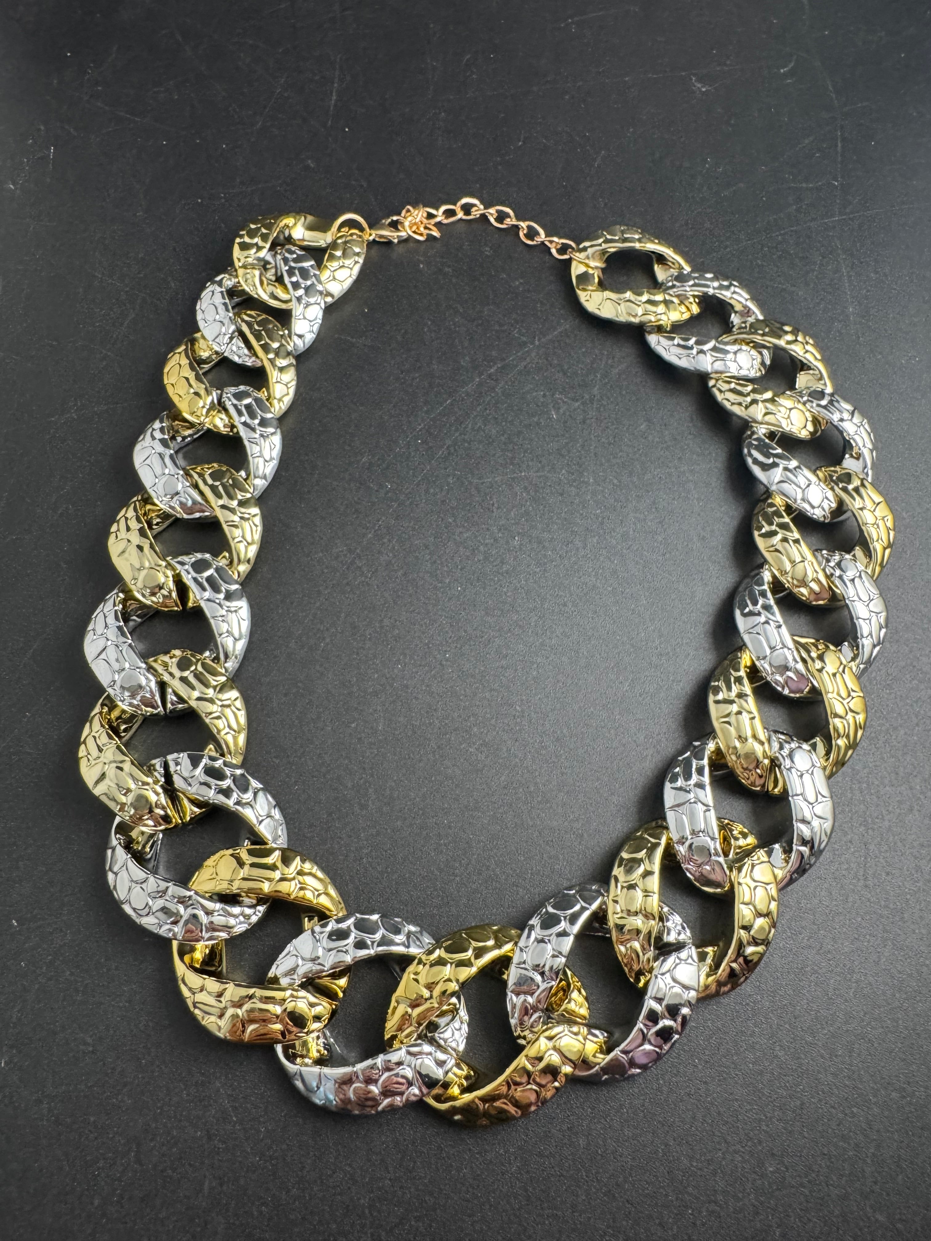 Chunky acrylic gold and silver curb link choker necklace, oversized jewellery