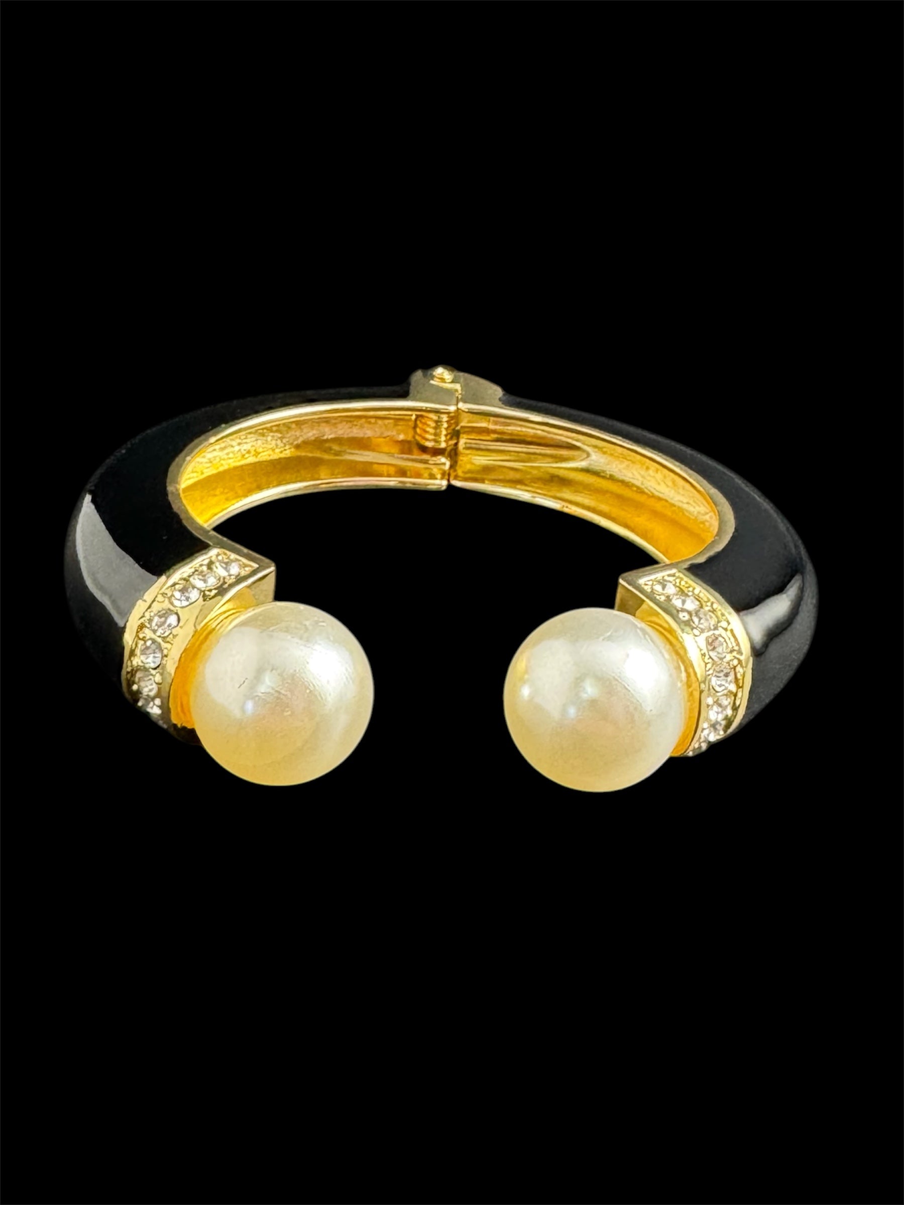 Classic black enamel Crystal clamper Bangle with pearl ball ends