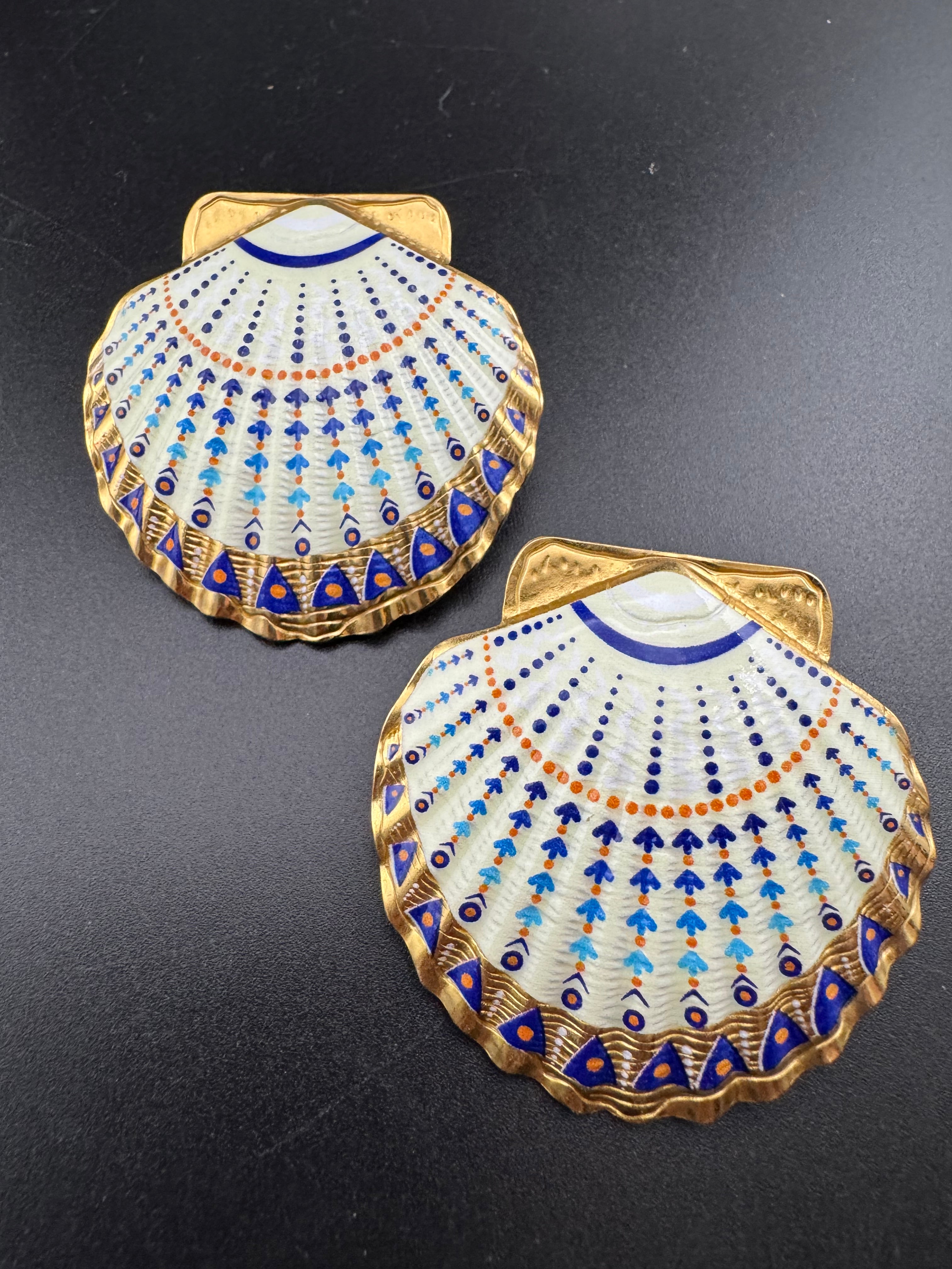 Oversized sea shell enamel earrings for pierced ears turquoise and white