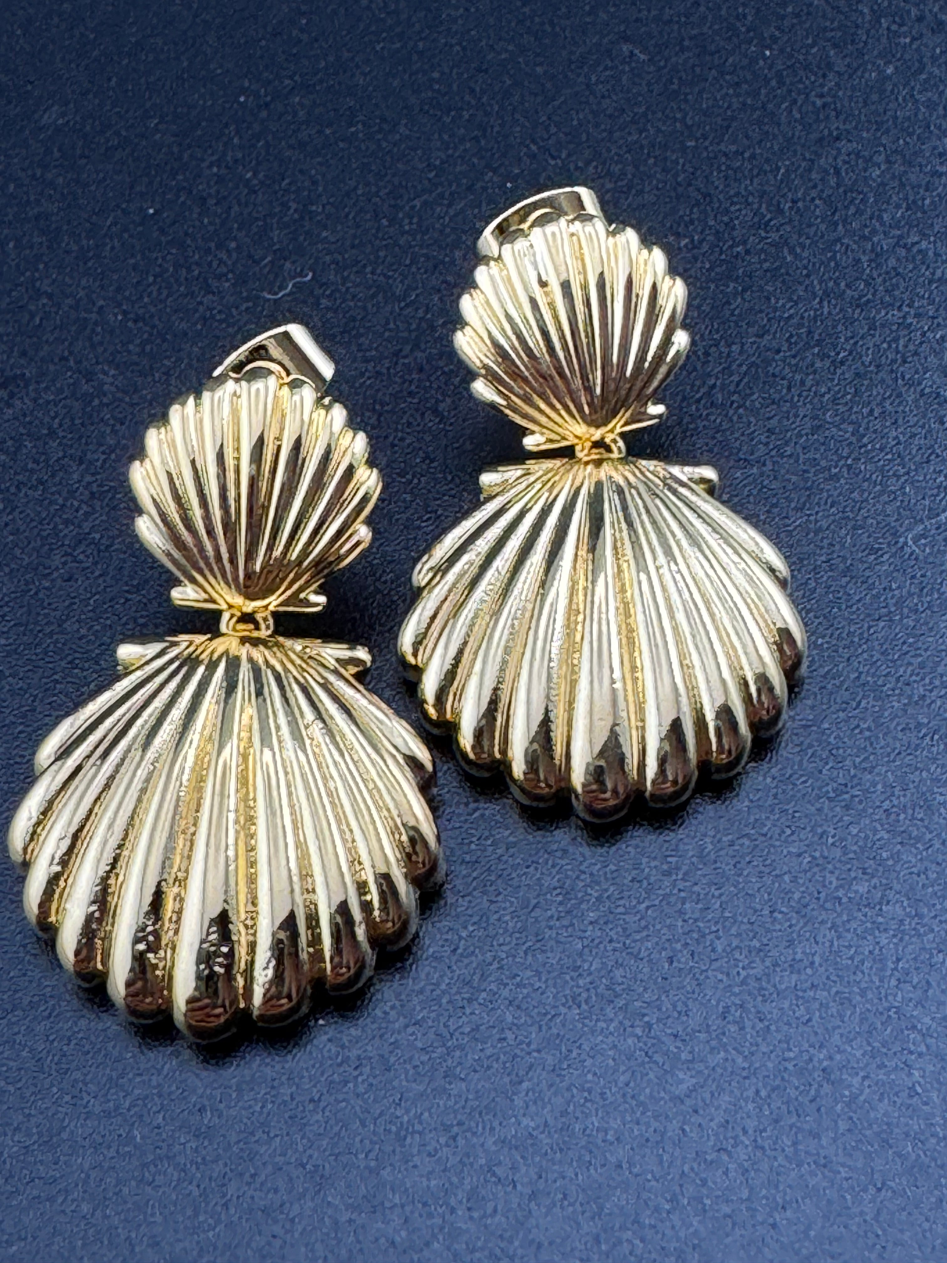 Nautical Gold seashell drop earrings , pierced door knocker hinged