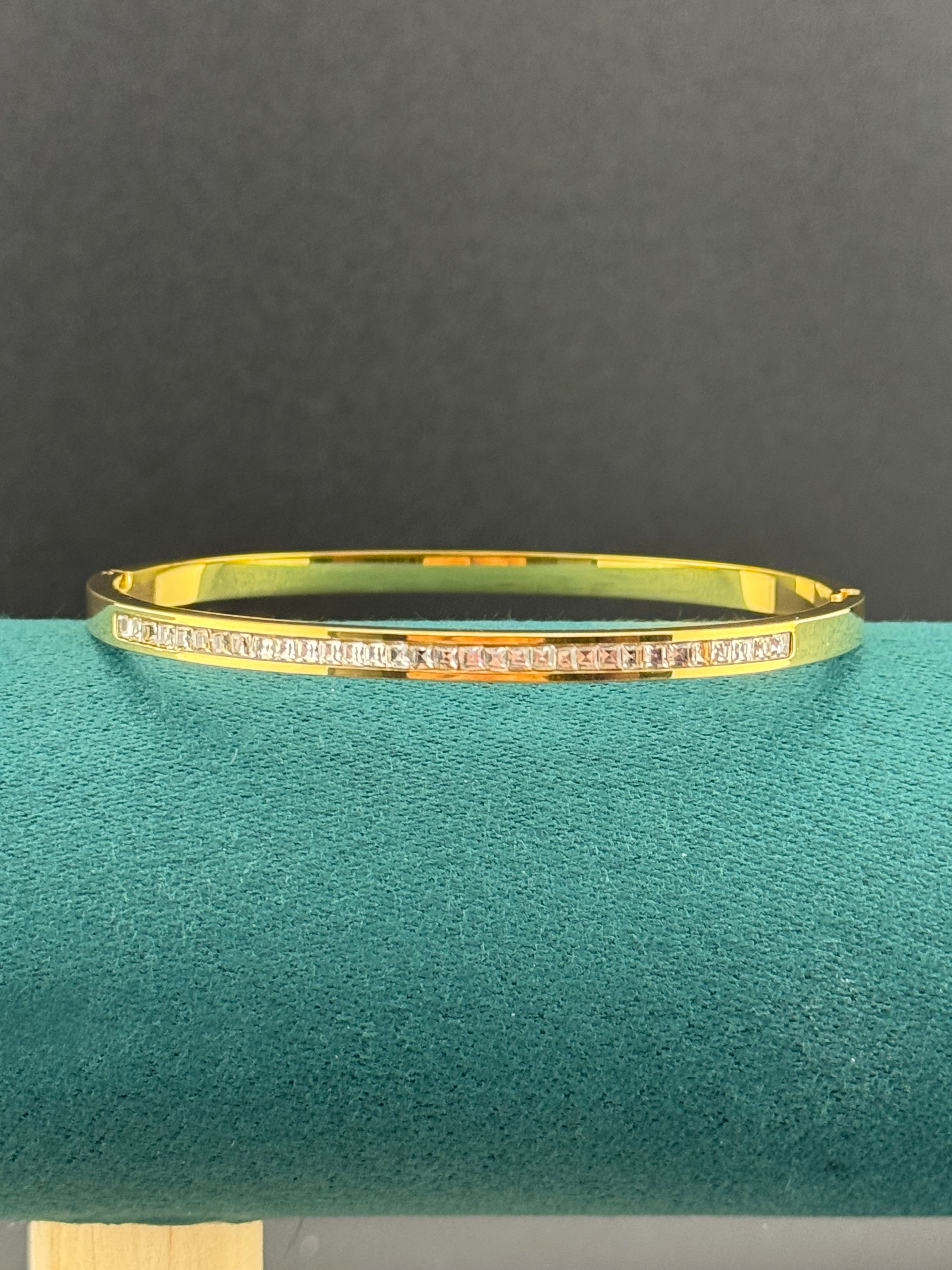 Gold plated high end square channel set clear CZ Crystal hinged clamper bangle bracelet