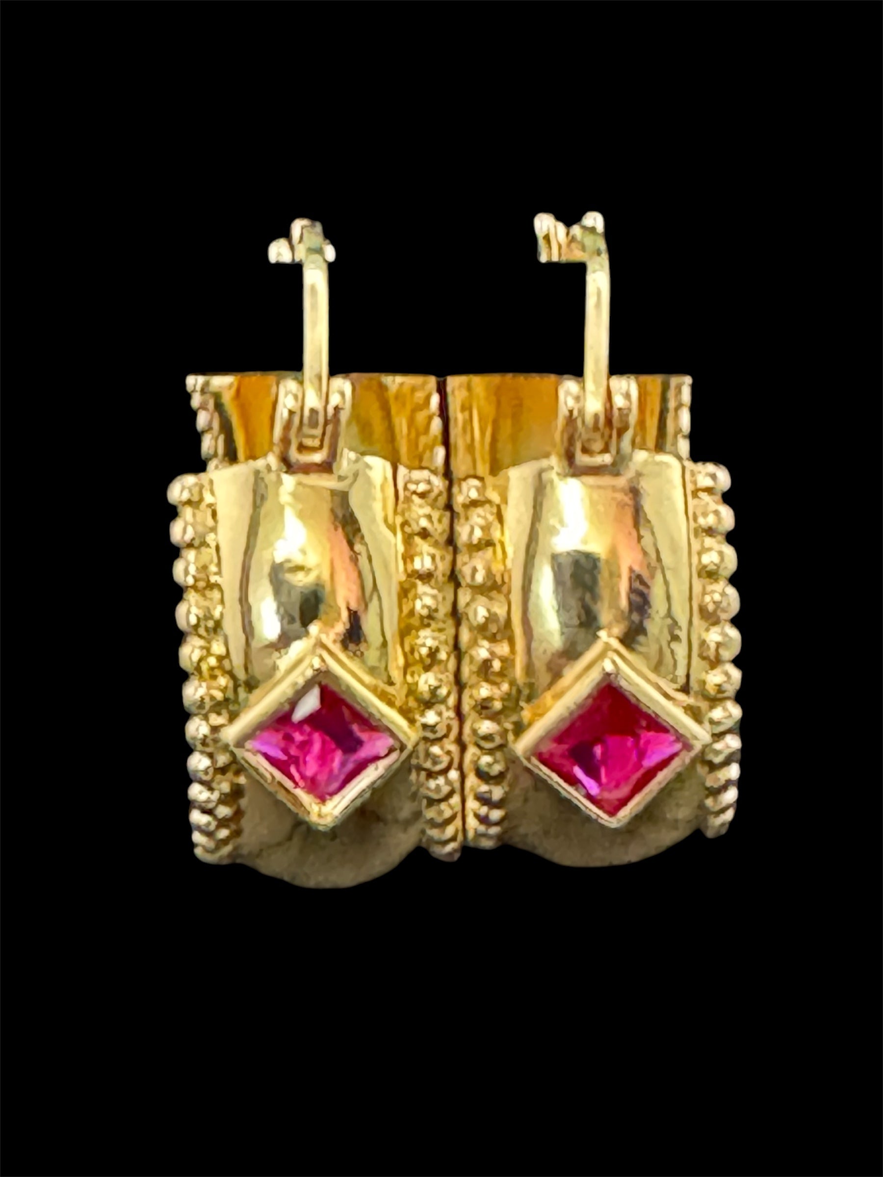Wide crystal gold hoop earrings with pink emerald and tourmaline crystals