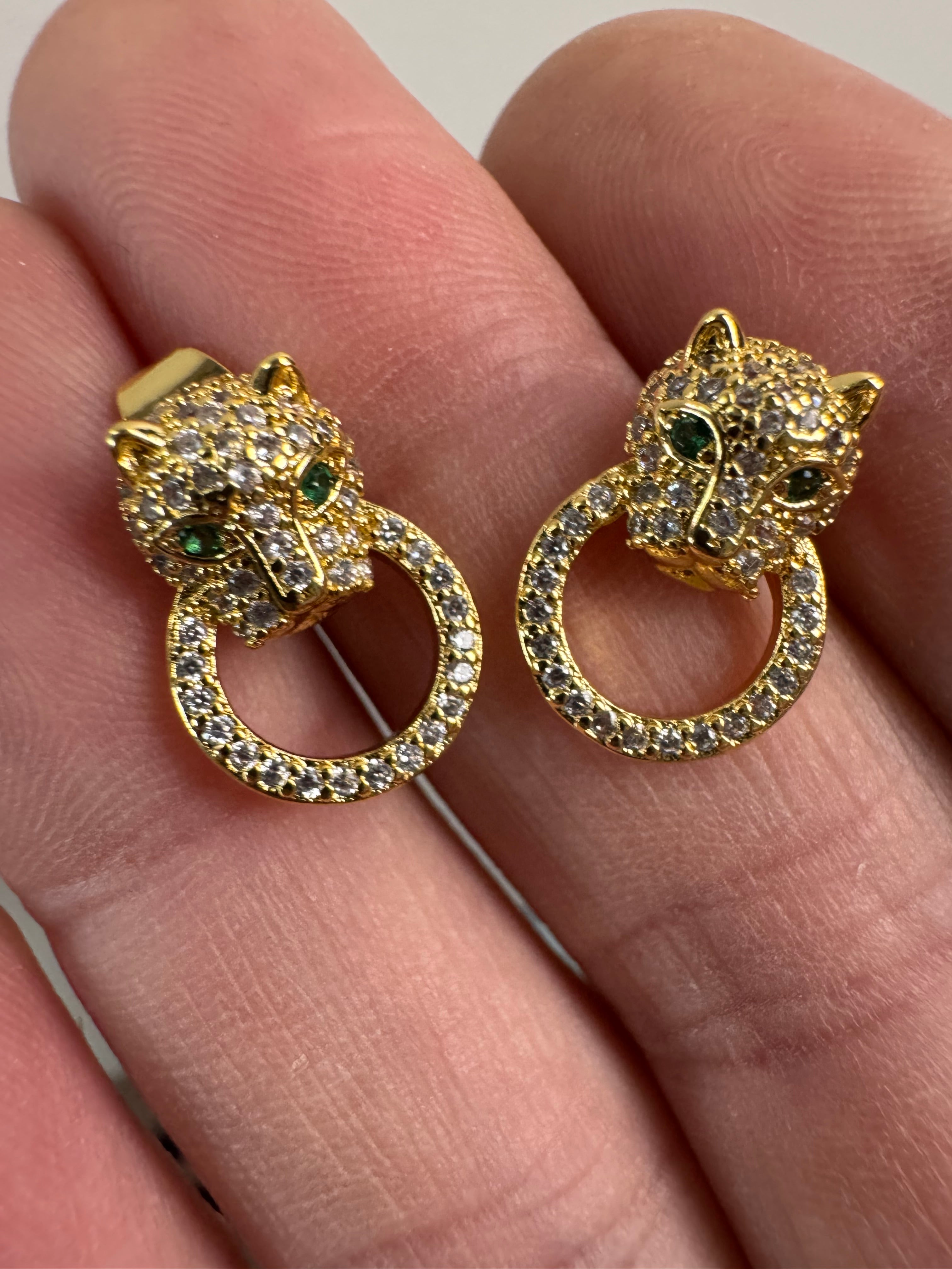 High end small gold plated Cz crystal leopard panther big cat stud earrings