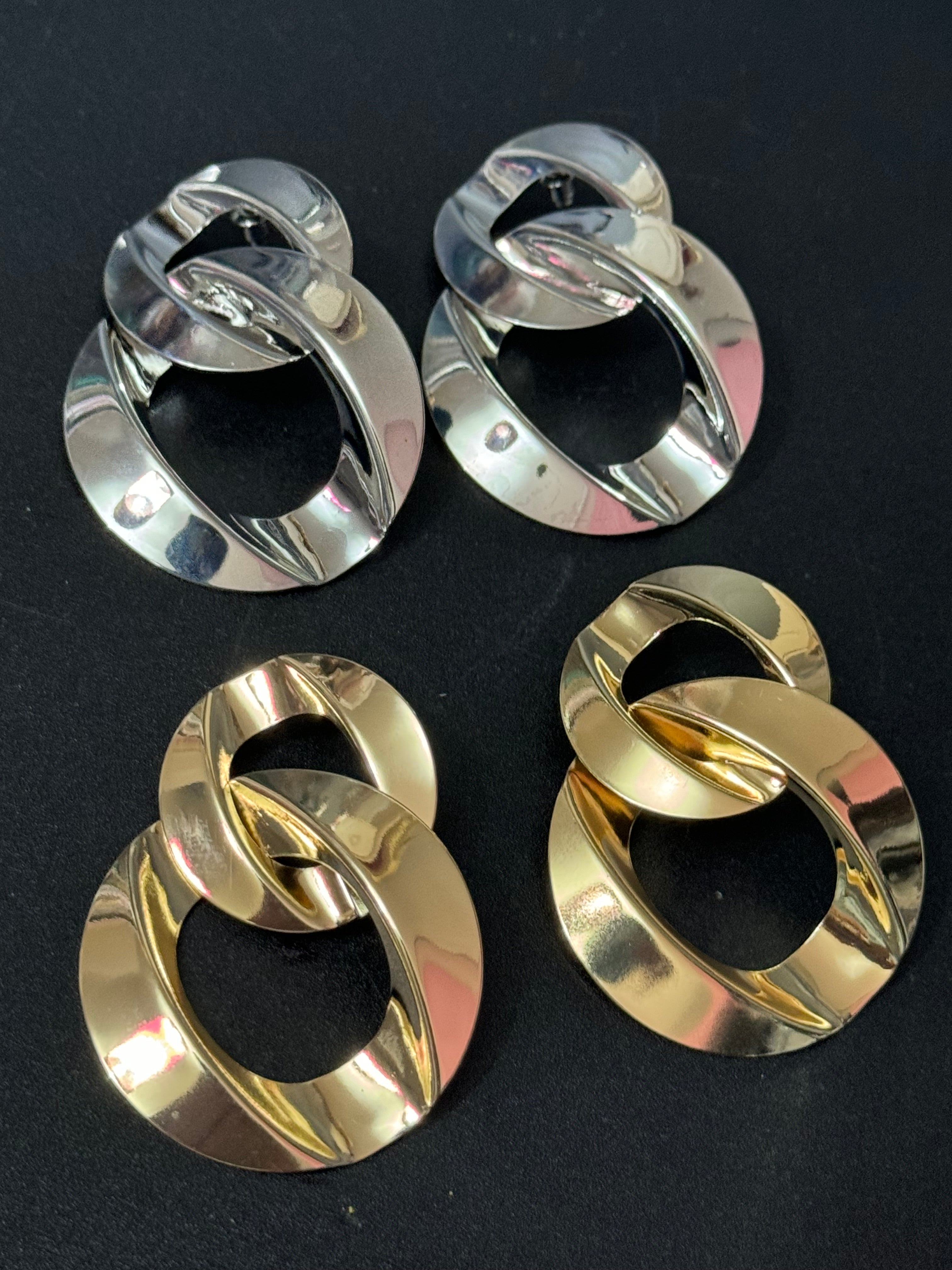 Oversized silver flat chain link drop earrings pierced