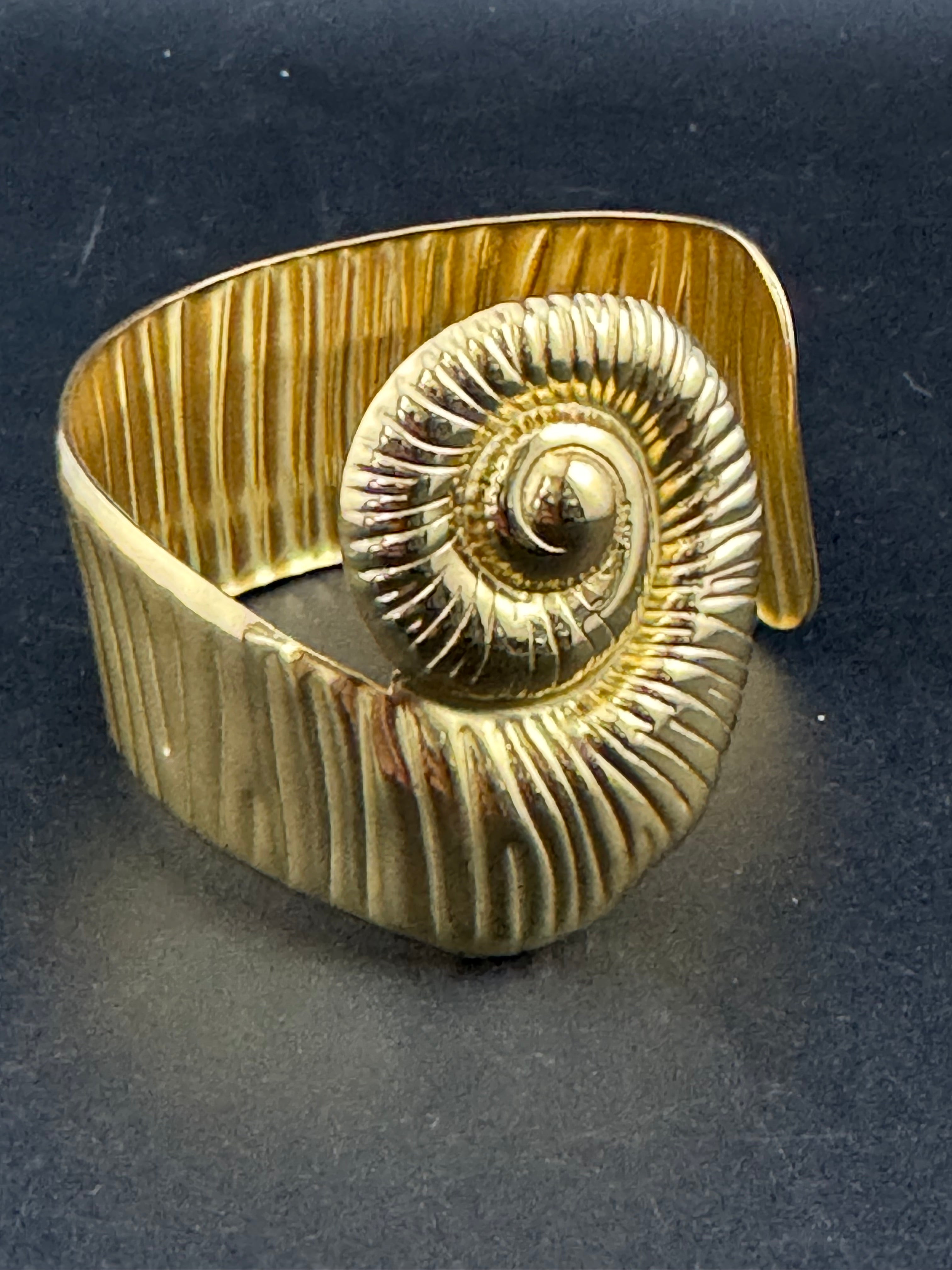 Gold tone ammonite seashell wide cuff bangle bracelet , nautical jewellery