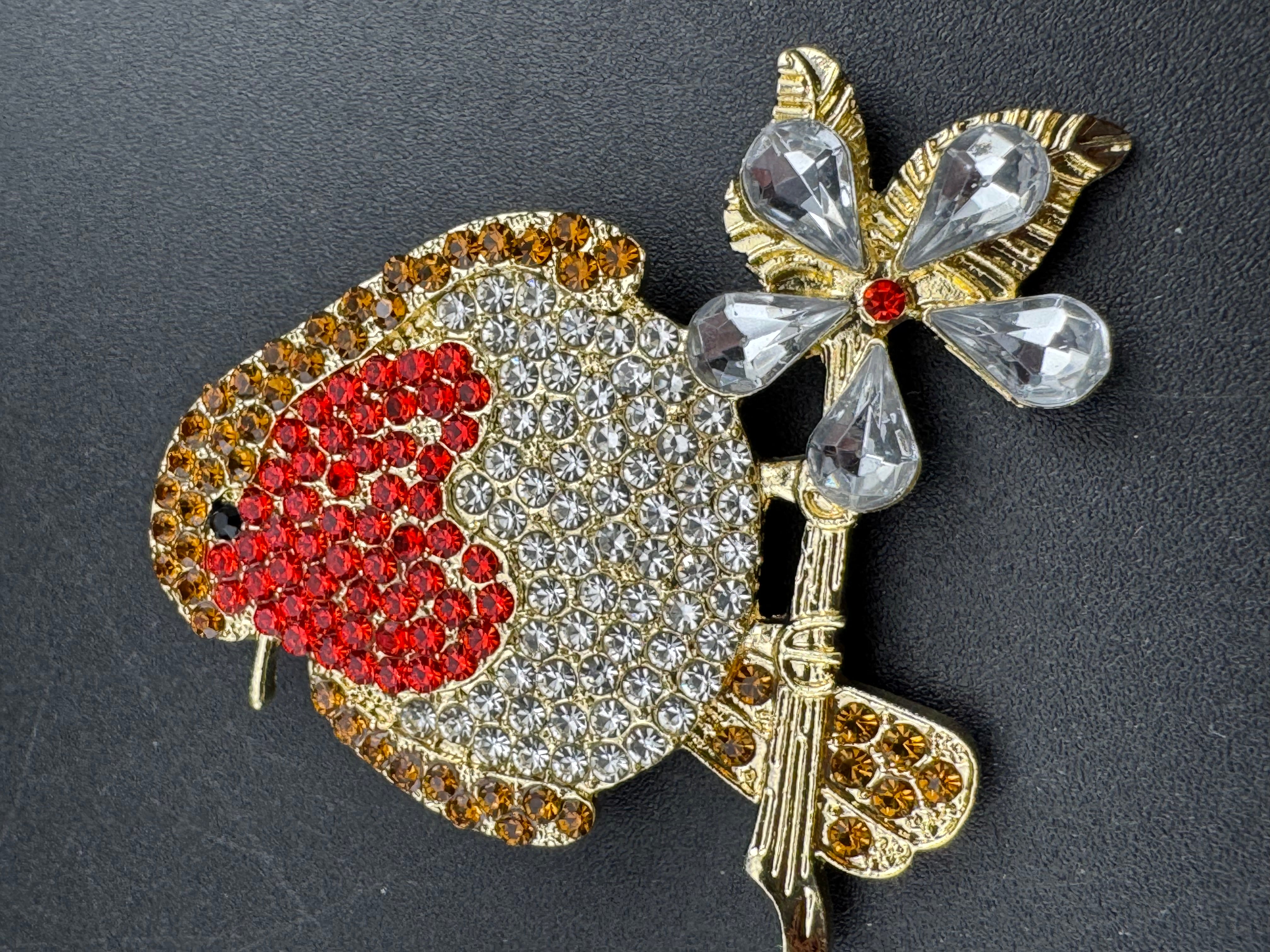 Diamanté Christmas robin brooch red brown crystals