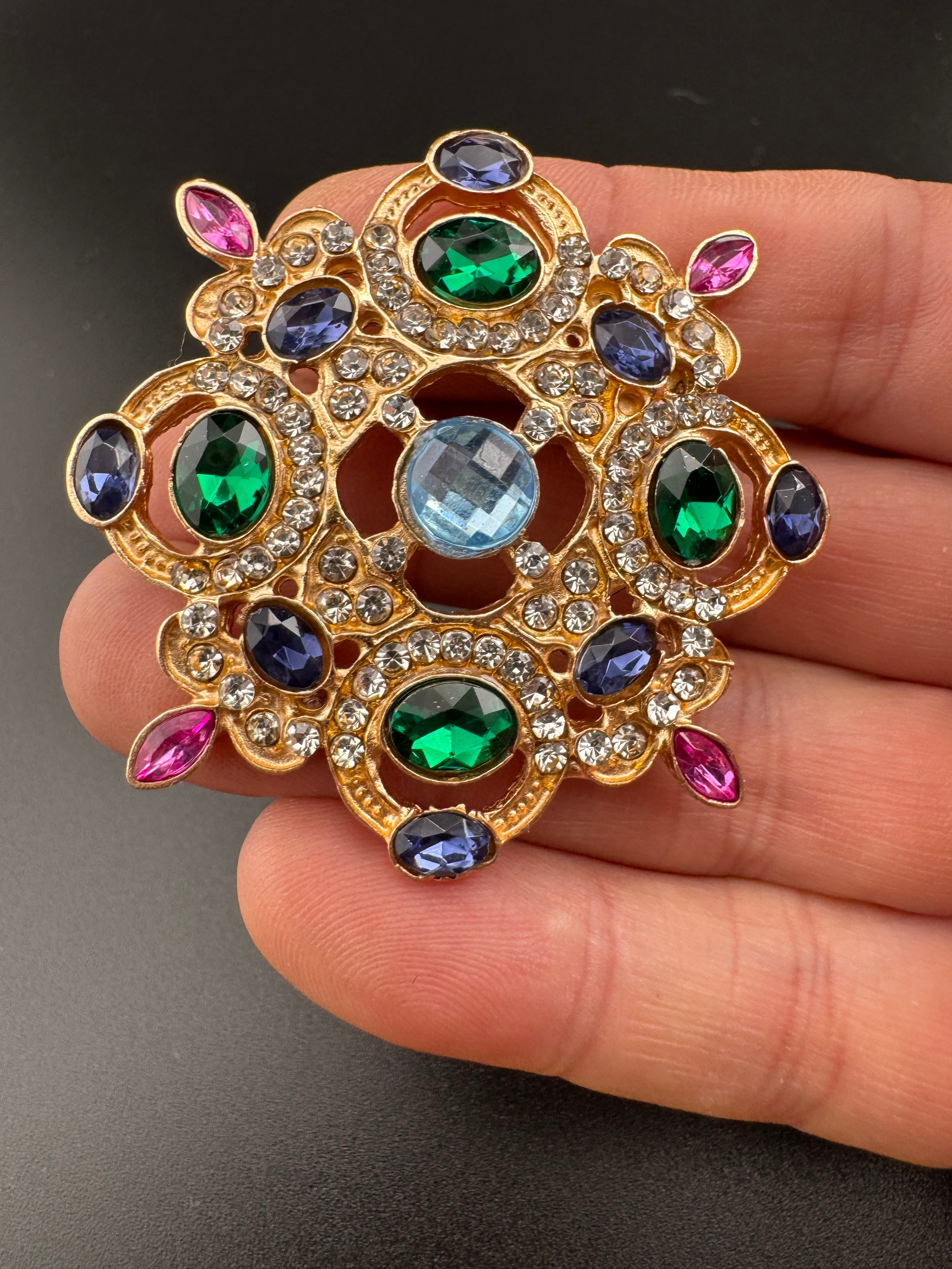 Statement Medieval style gold emerald and sapphire rhinestone cross brooch