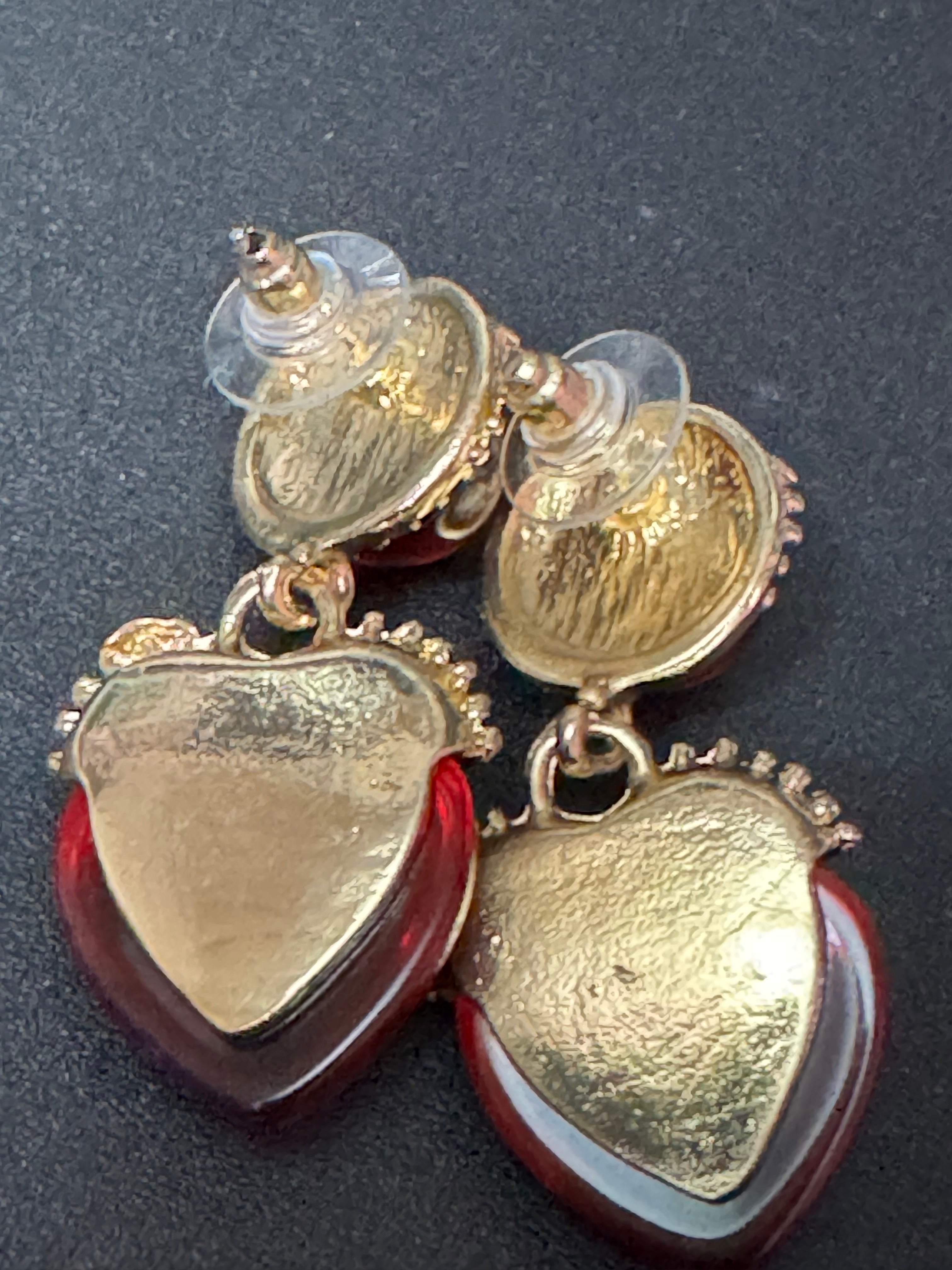 Oversized medieval style ruby red love heart cabochon drop earrings gold tone