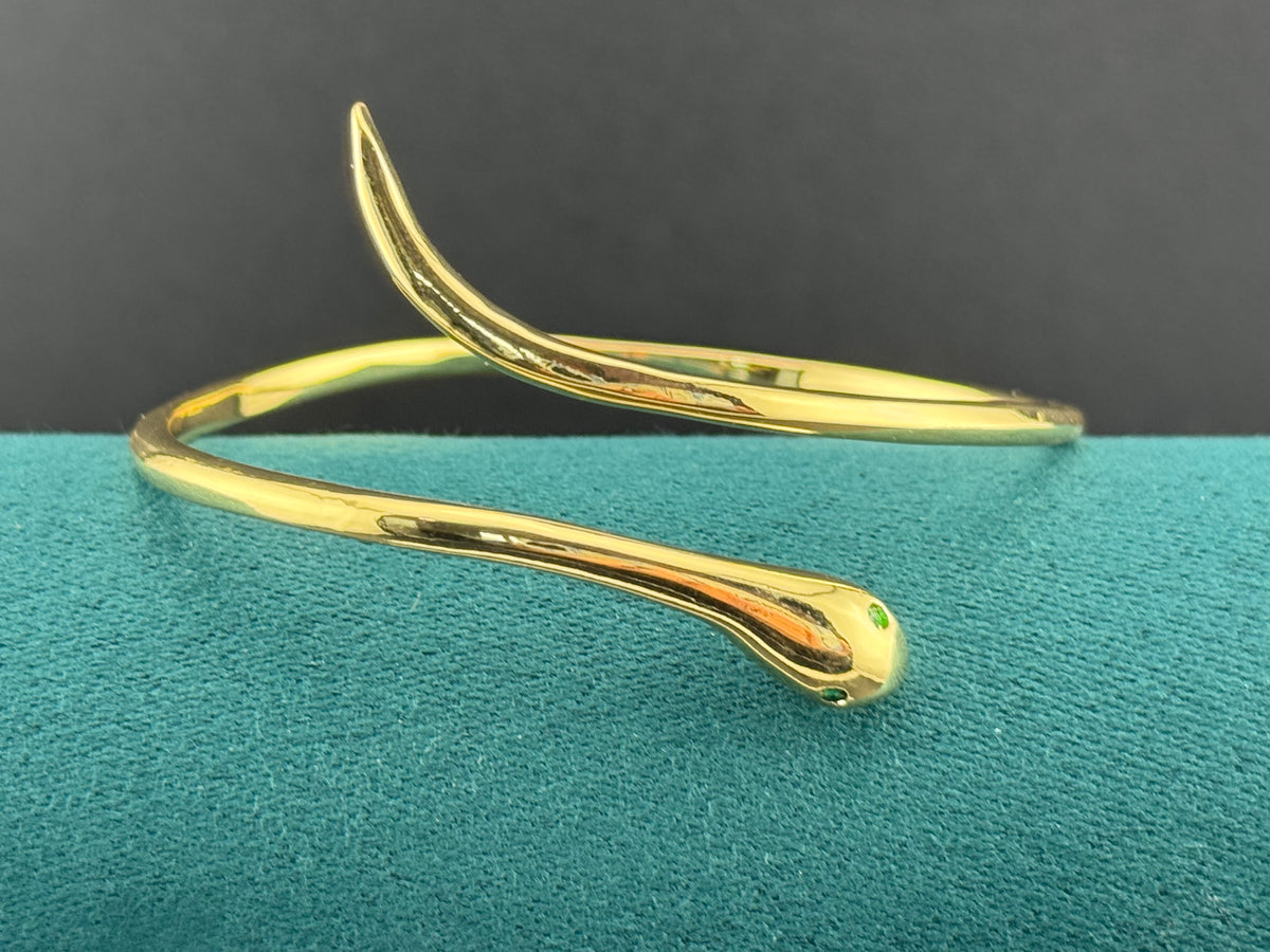 Gold Snake Bangle Bracelet |Hinged Gold-Plated Cuff, Emerald Eyes
