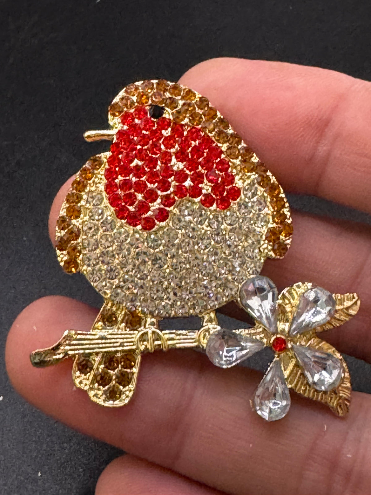 Rhinestone Christmas Robin brooch, brown clear and red crystal, festive jewellery