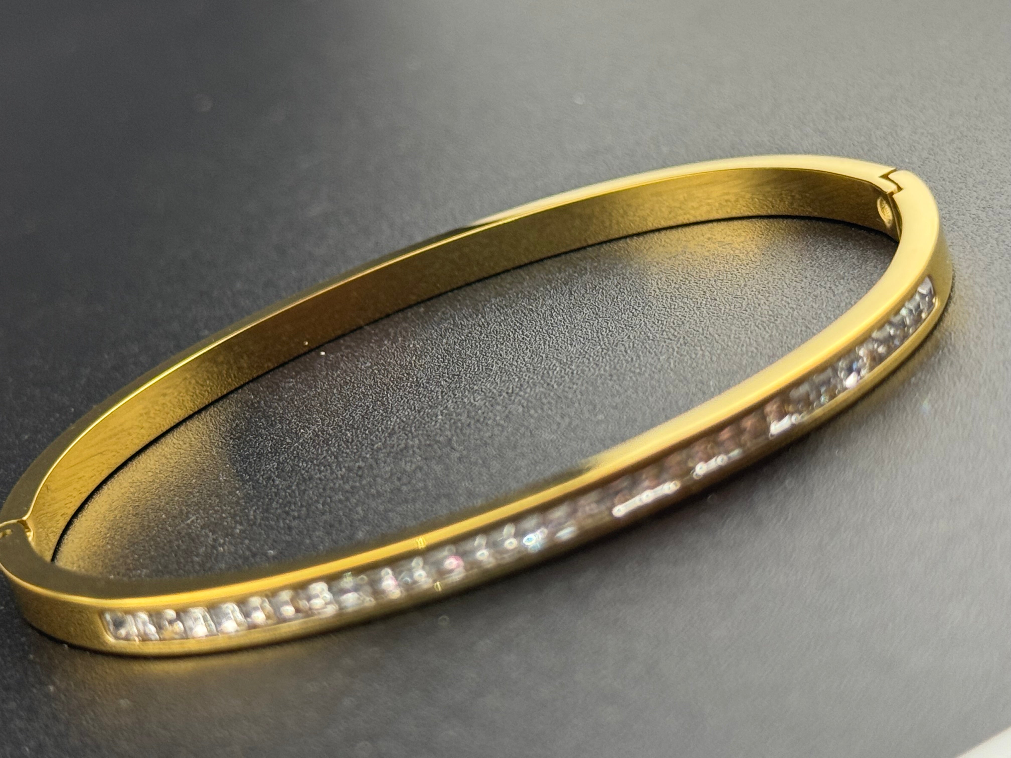 Gold plated high end square channel set clear CZ Crystal hinged clamper bangle bracelet