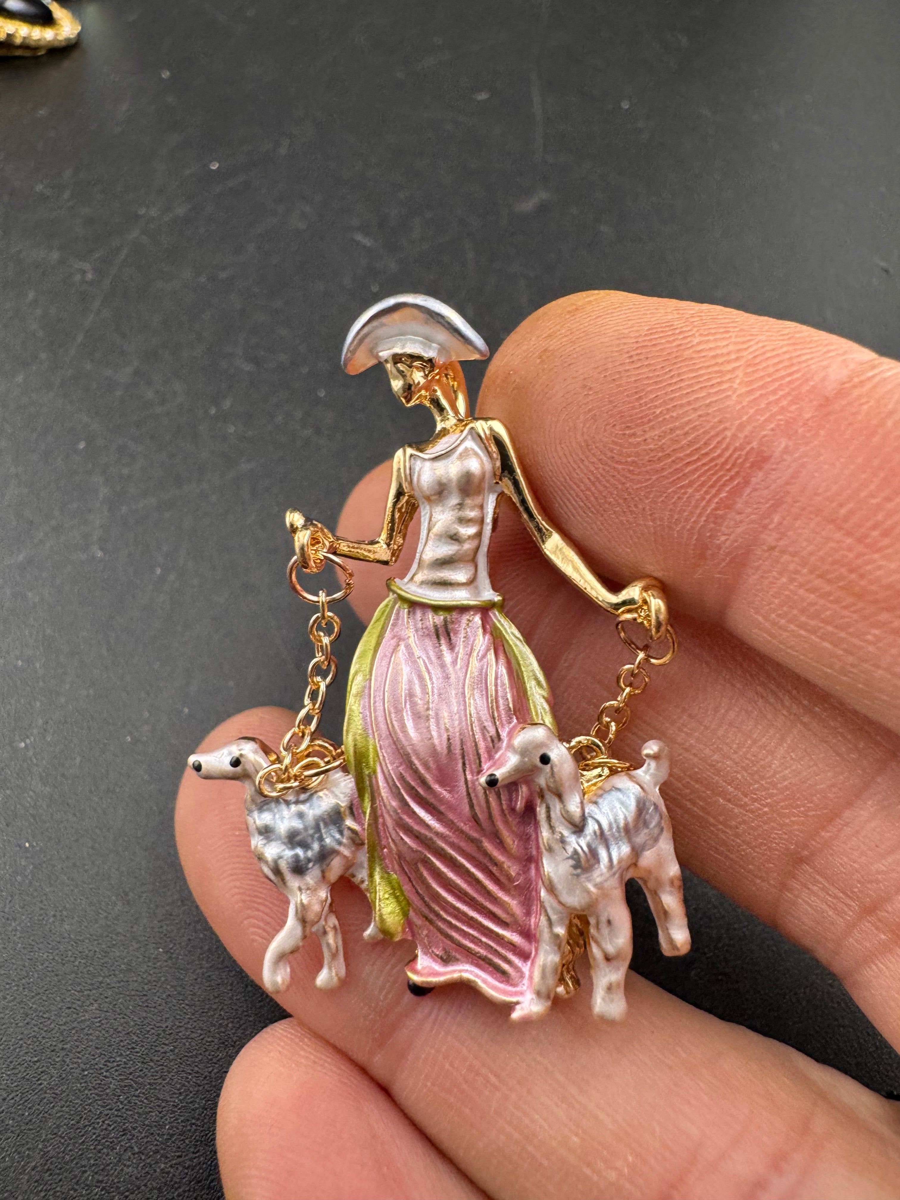 Pink art deco lady with french poodle dogs on leads brooch