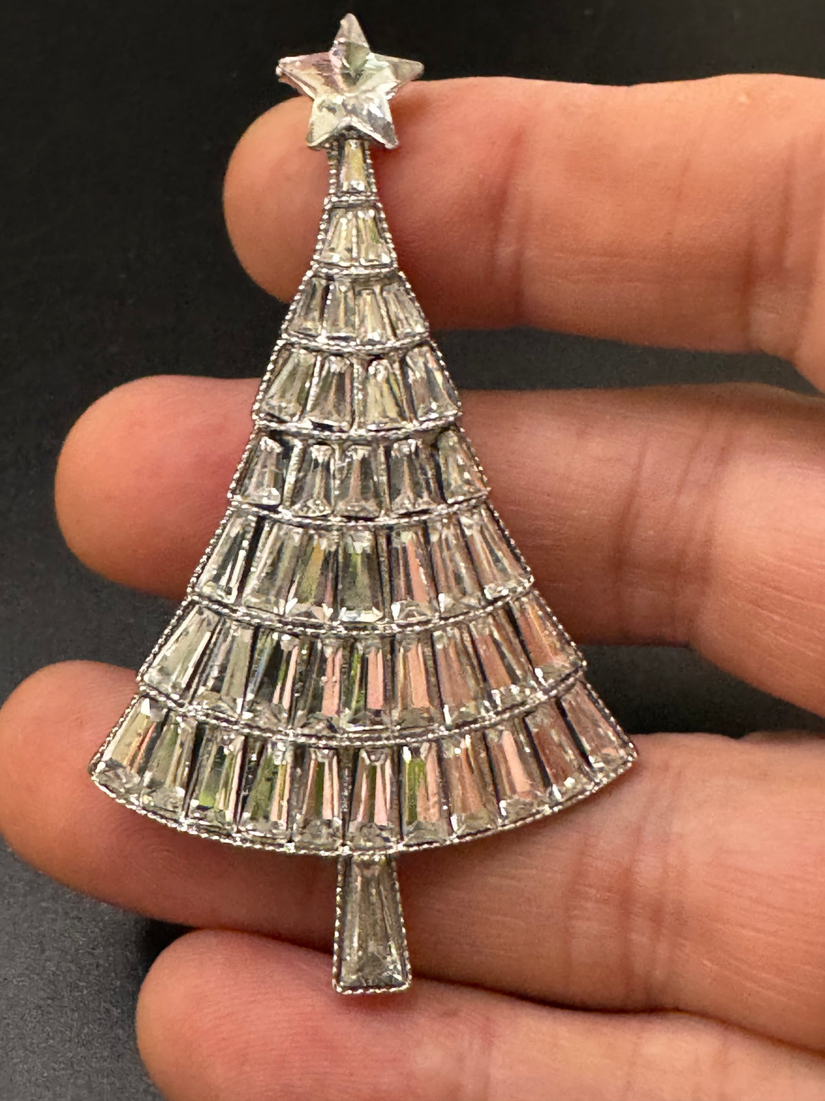 Rhinestone Christmas tree brooch, silver tone , festive jewellery