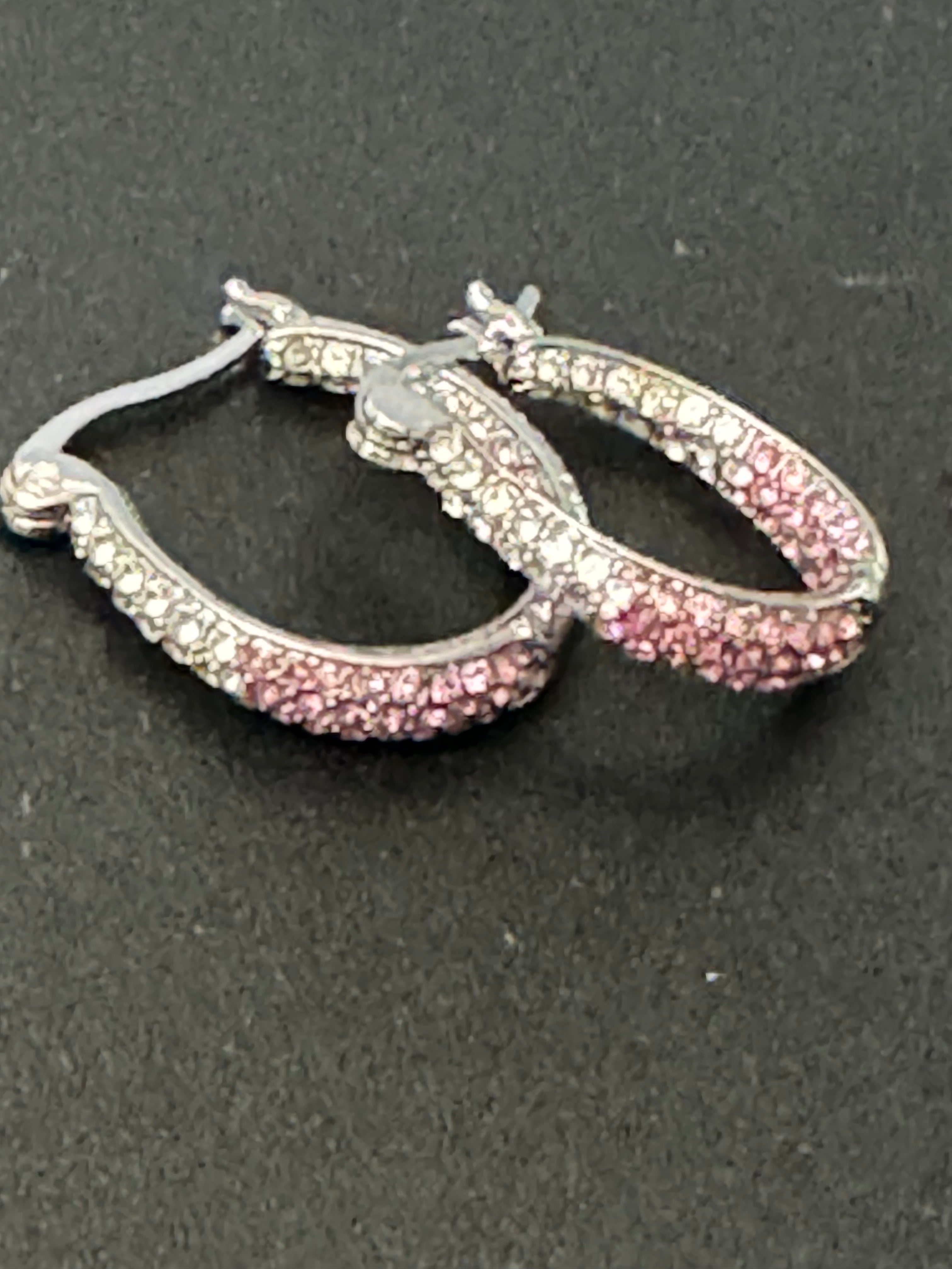 Pink & clear diamanté Crystal silver tone small oval hoop earrings
